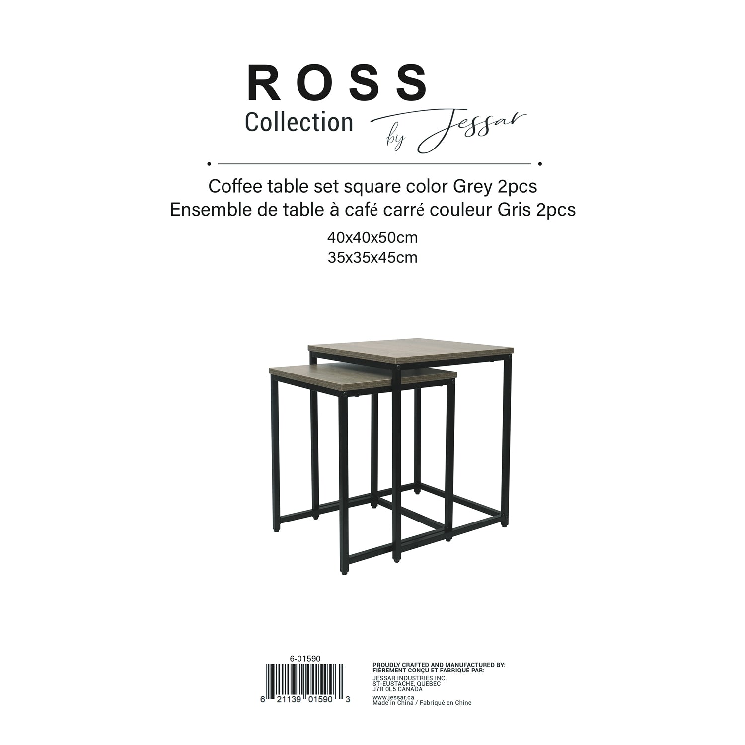 Jessar - Ensemble de 2 Tables d'appoint Carré, De la Collection Ross, Gris - Simple Boutique