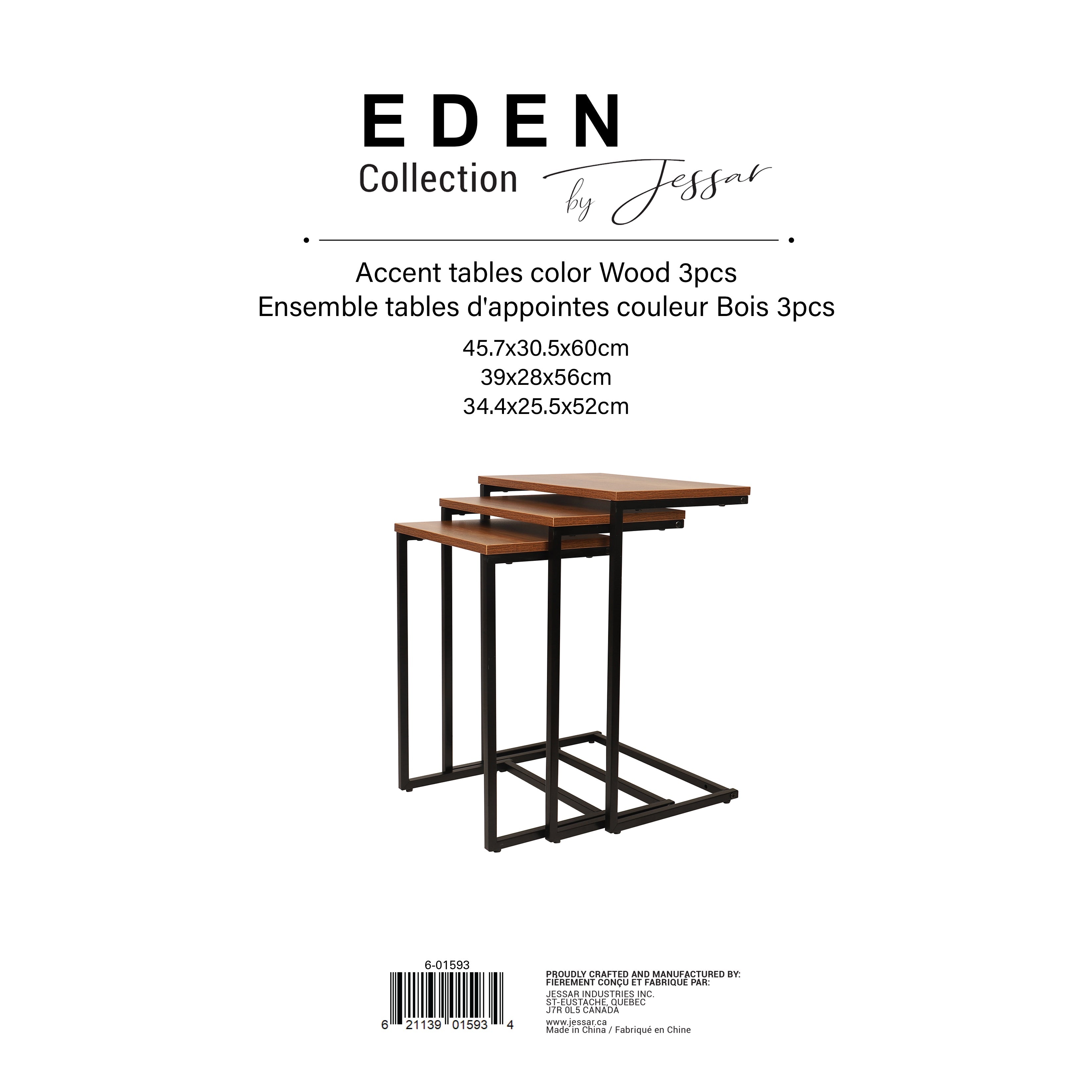 Jessar - Ensemble de 3 Tables d'appoint, De la Collection Eden, Grain de Bois Brun - Simple Boutique