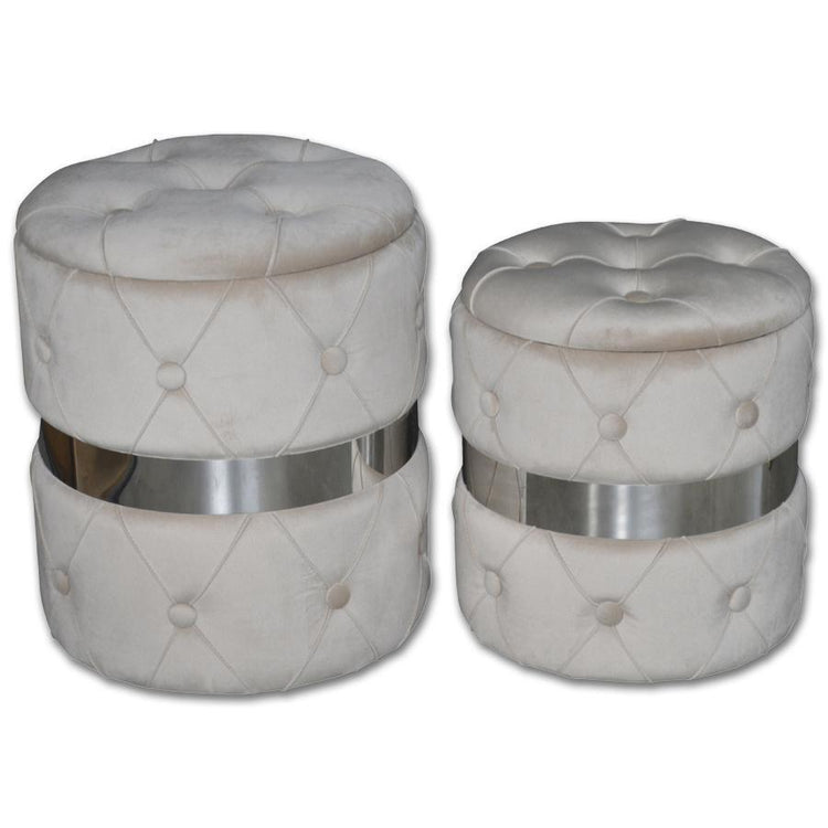 Jessar - Ottomane/Repose-Pied Rond avec Rangement, De la Collection Baron, Esemble de 2, Velours Beige - Simple Boutique