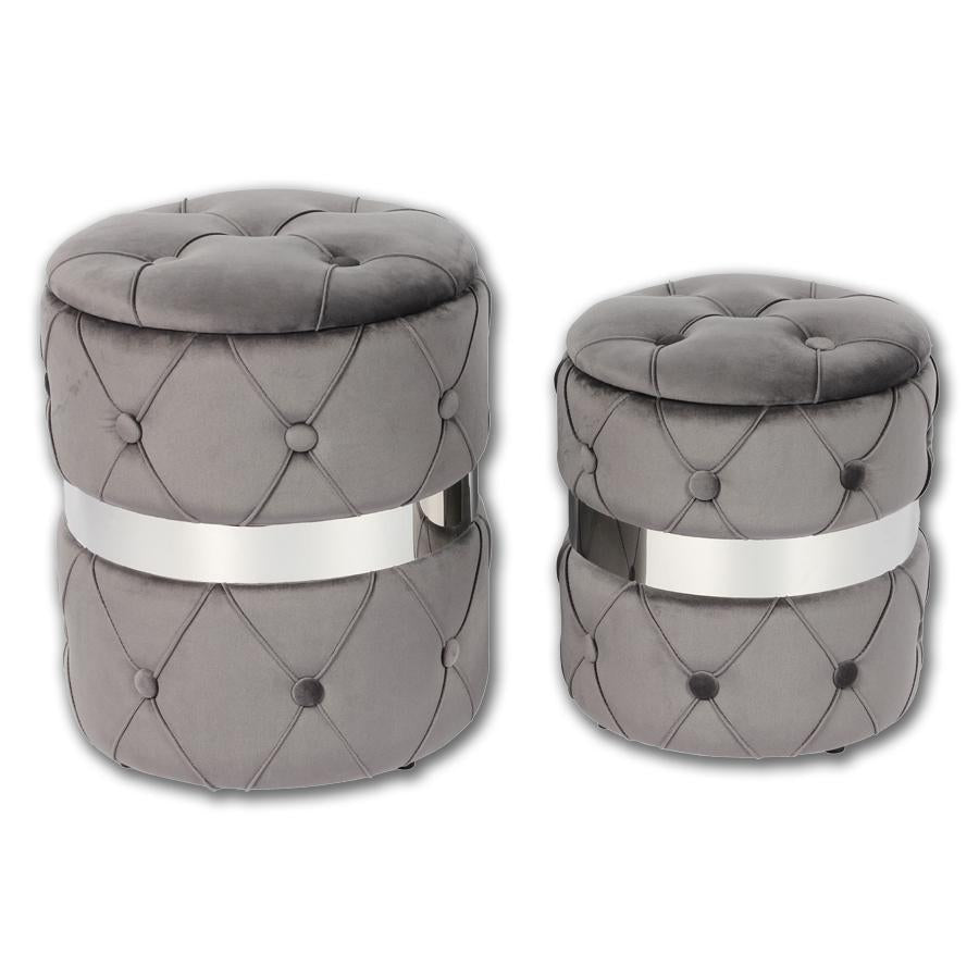 Jessar - Ottomane/Repose-Pied Rond avec Rangement, De la Collection Baron, Esemble de 2, Velours Gris - Simple Boutique