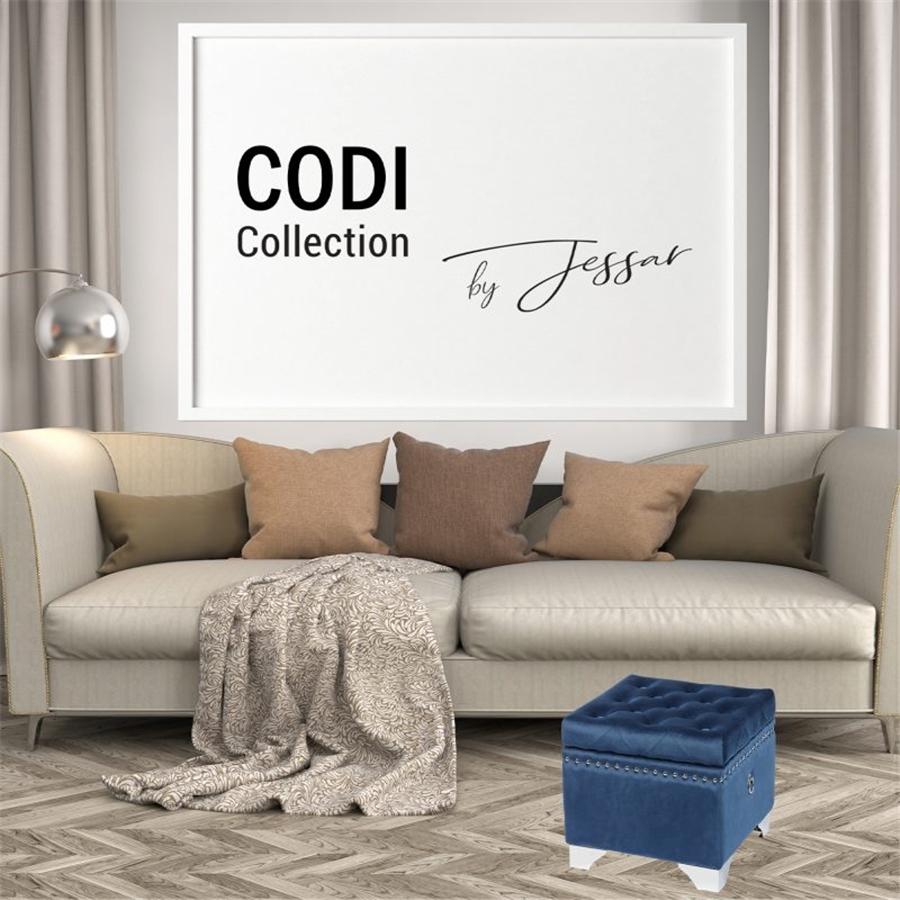Jessar - Ottomane/Repose-Pied de Rangement sur Pattes, Cubique, De la Collection Codi, Velour Bleu - Simple Boutique