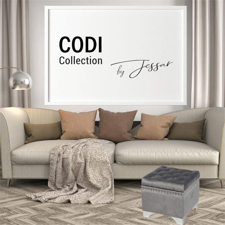 Jessar - Ottomane/Repose-Pied de Rangement sur Pattes, Cubique, De la Collection Codi, Velour Gris - Simple Boutique