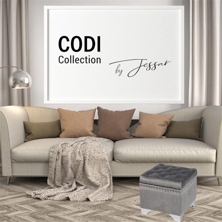 Jessar - Ottomane/Repose-Pied de Rangement sur Pattes, Cubique, De la Collection Codi, Velour Gris - Simple Boutique