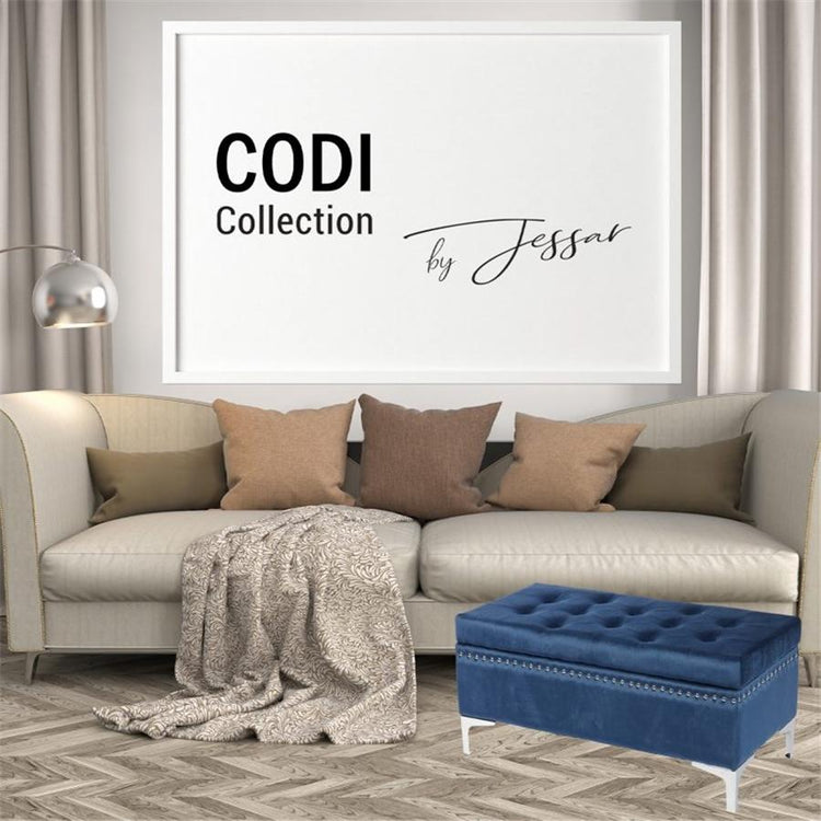 Jessar - Ottomane/Repose-Pied de Rangement sur Pattes, Rectangulaire, De la Collection Codi, Velour Bleu - Simple Boutique