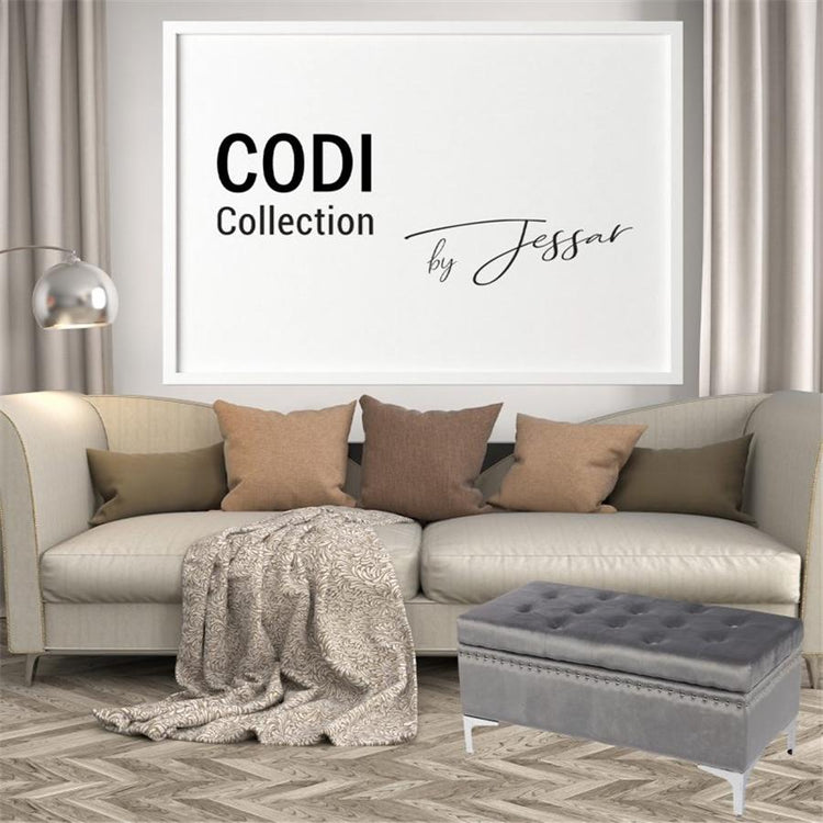 Jessar - Ottomane/Repose-Pied de Rangement sur Pattes, Rectangulaire, De la Collection Codi, Velour Gris - Simple Boutique
