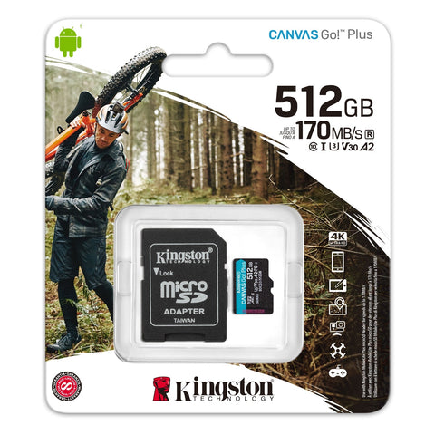 Kingston - Carte Mémoire MicroSD Plus Canvas Go avec Adapteur SD, Capactié de 512GB, Classe 10, UHS-I, U3, V30, A2