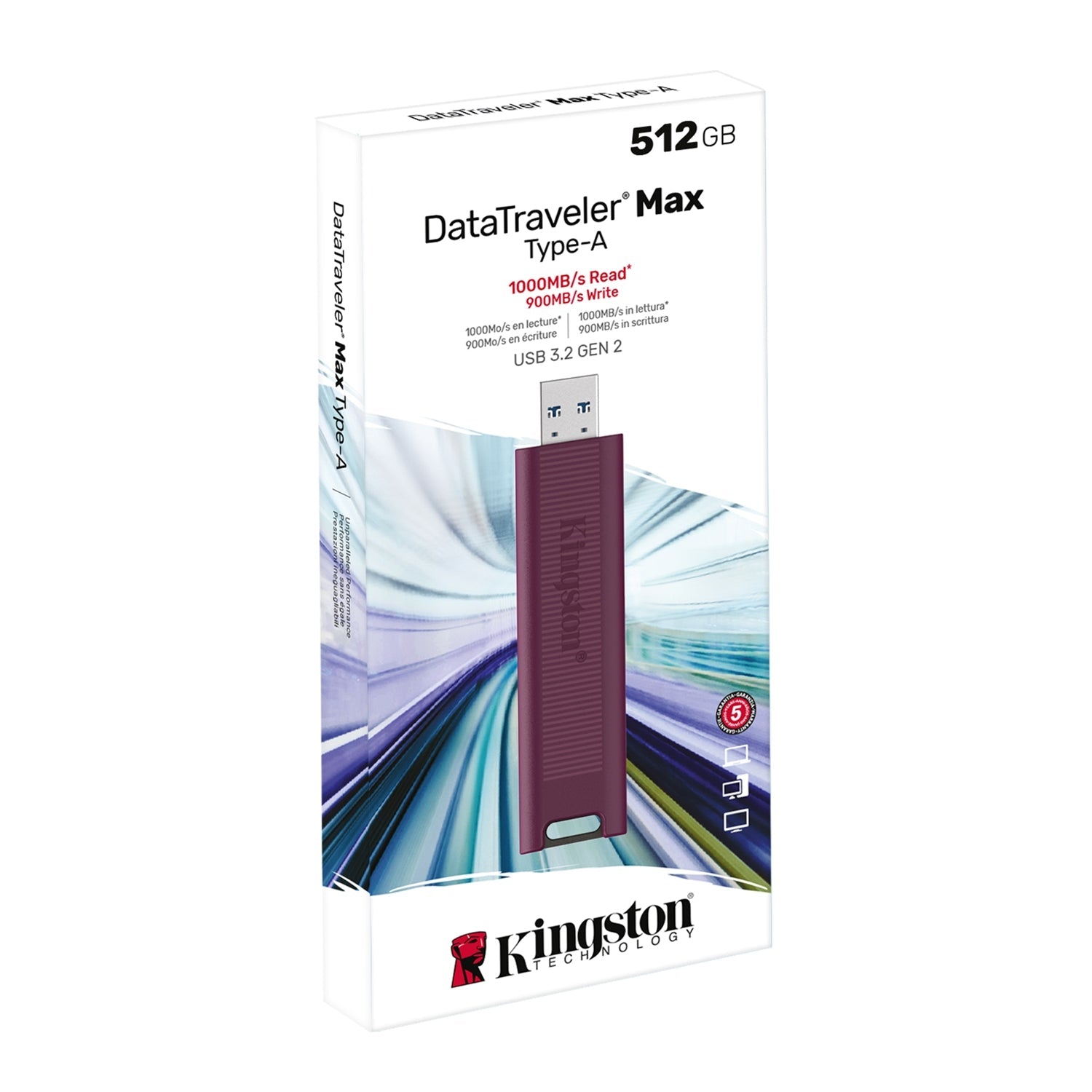 Kingston Technology - Clé USB Type-A DataTraveler Max, USB 3.2 GEN 2, Capacité de 512GB, Rose - Simple Boutique