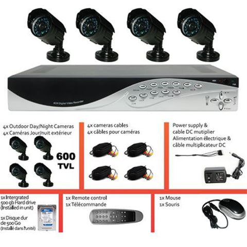 Kit complet Enregistreur DVR H.264 & 4 cams Jour/Nuit Ext 600TVL