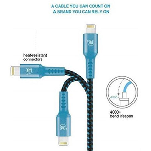 LAX - Câble Lightning de 4 Pieds, Tressé et Durable, Bleu