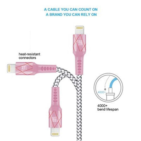 LAX - Câble Lightning de 4 Pieds, Tressé et Durable, Rose et Argent