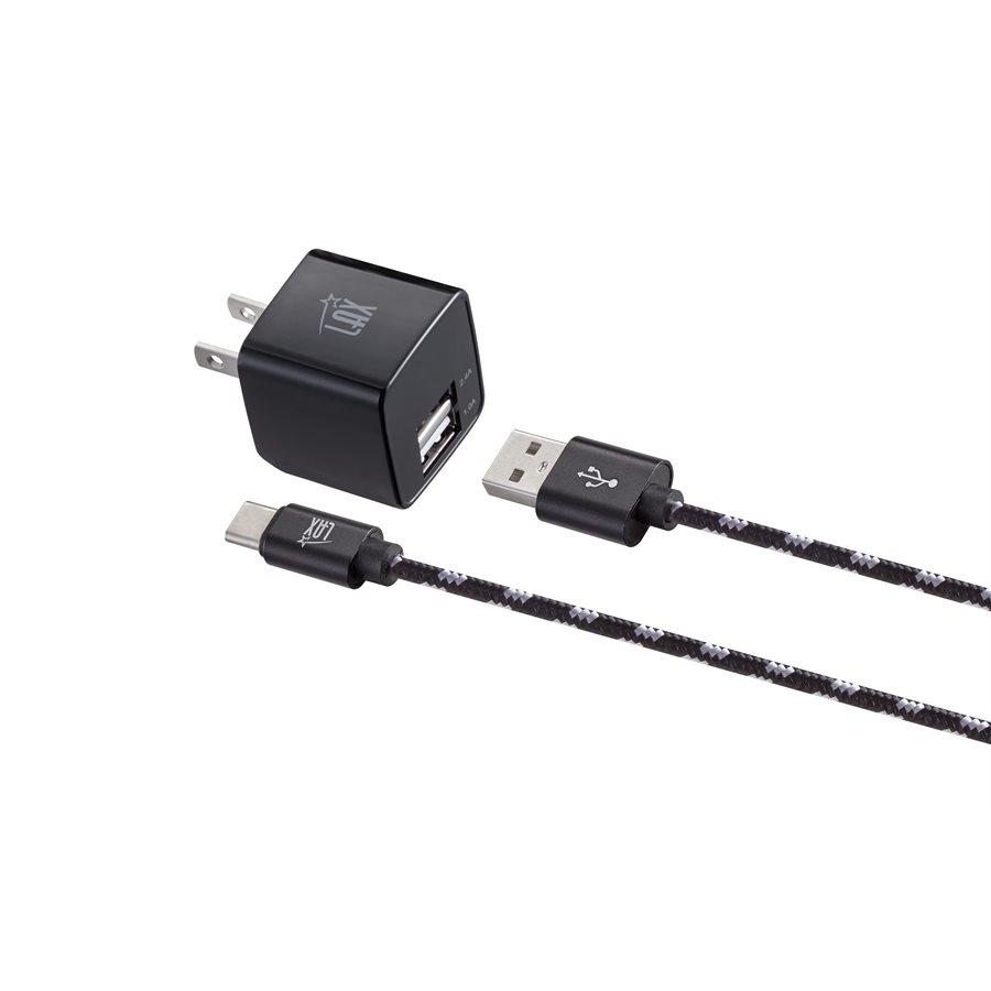 LAX - Chargeur Mural Double USB à Chargement Rapide avec Câble USB Type-C Tressé de 6 Pieds, Noir