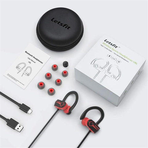 LetsFit - Écouteurs Intra-Auriculaires Sans-Fil,  Bluetooth 5.0, Résistant à l'eau, Noir et Rouge