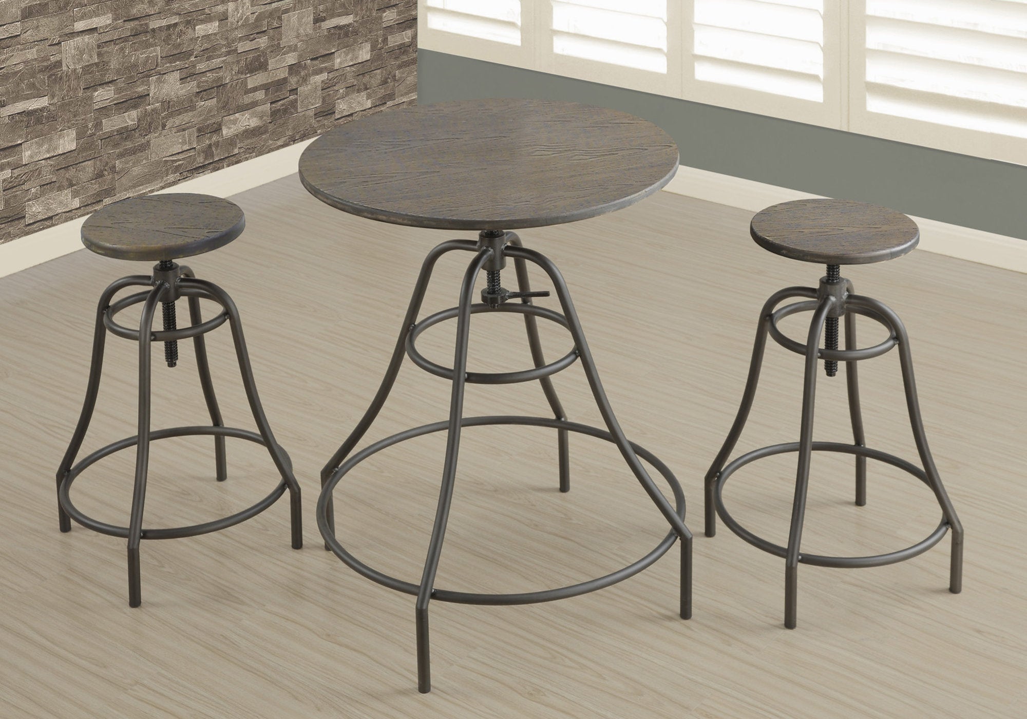 Monarch Specialties I 1085 Ensemble De Table À Manger, Ensemble 3pcs, Petit, 28" Rond, Hauteur Du Bar, Cuisine, Bar, Métal, Stratifié, Brun, Transitionnel - Simple Boutique