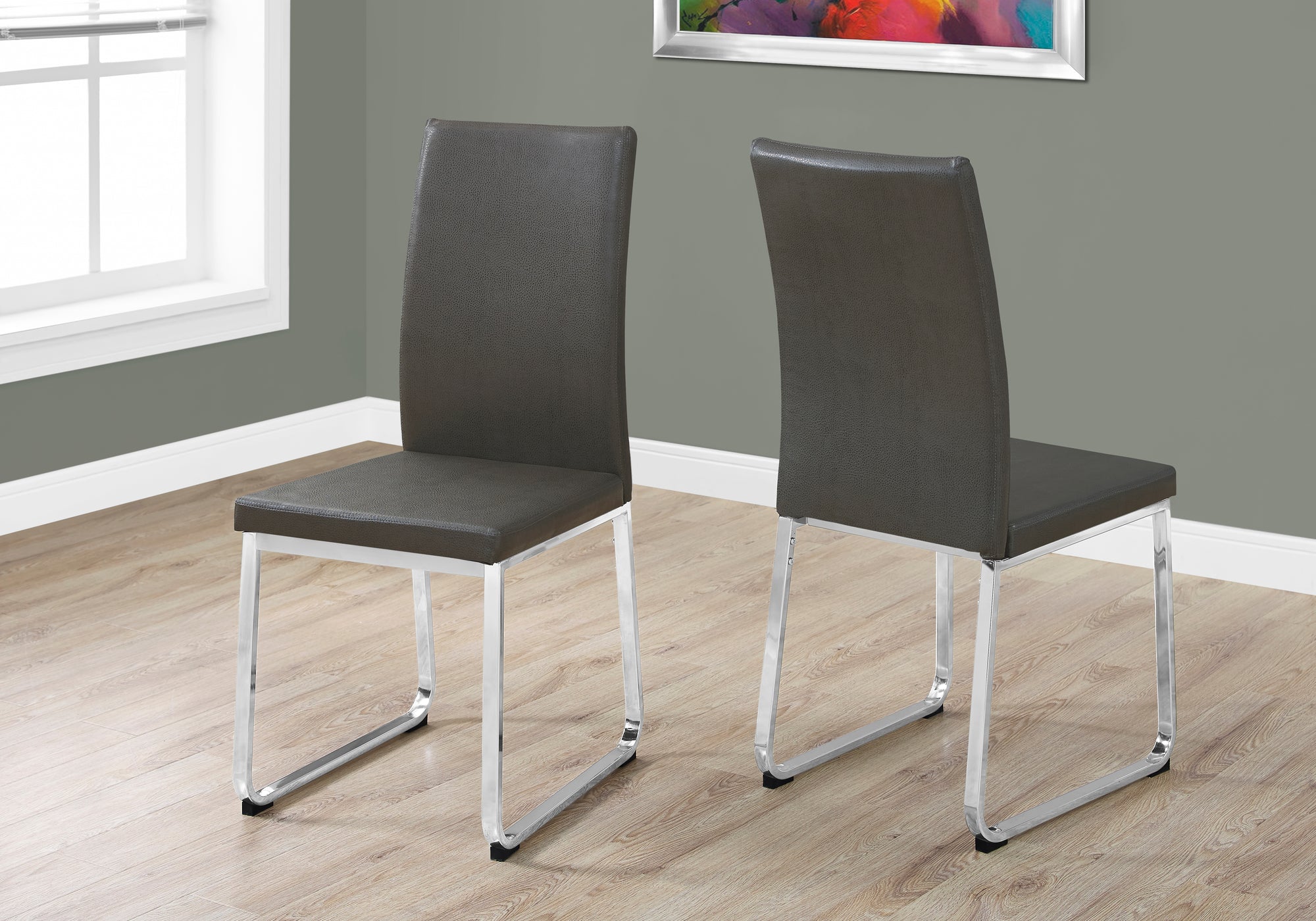 Monarch Specialties I 1094 Chaise, Lot De 2, Côté, Rembourré, Cuisine, Salle À Manger, Pu D'aspect Cuir, Métal, Gris, Chrome, Contemporain, Moderne - Simple Boutique