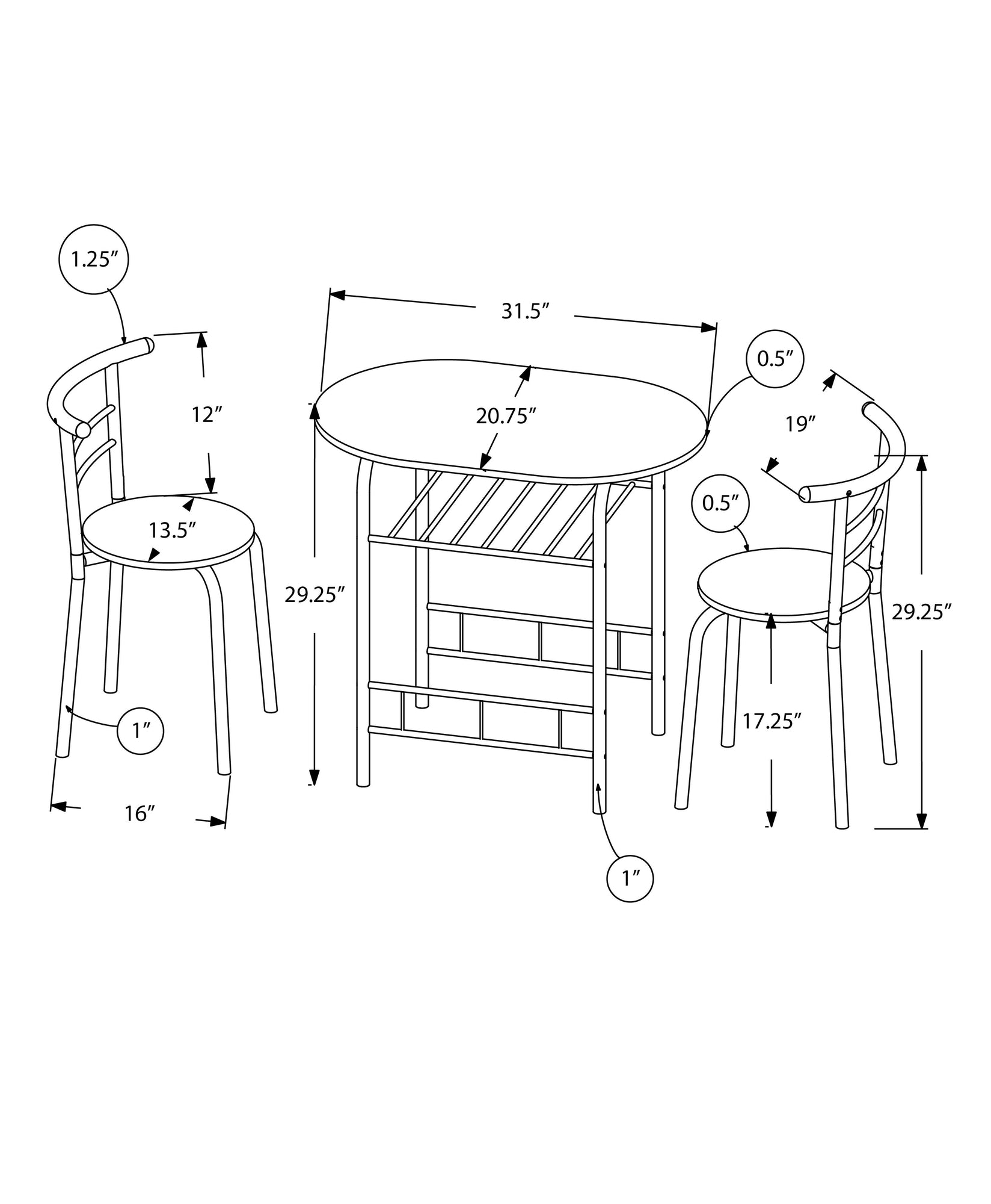 Monarch Specialties I 1206 Ensemble De Table À Manger, Ensemble 3pcs, Petit, 32" L, Cuisine, Métal, Stratifié, Brun, Noir, Contemporain, Moderne - Simple Boutique