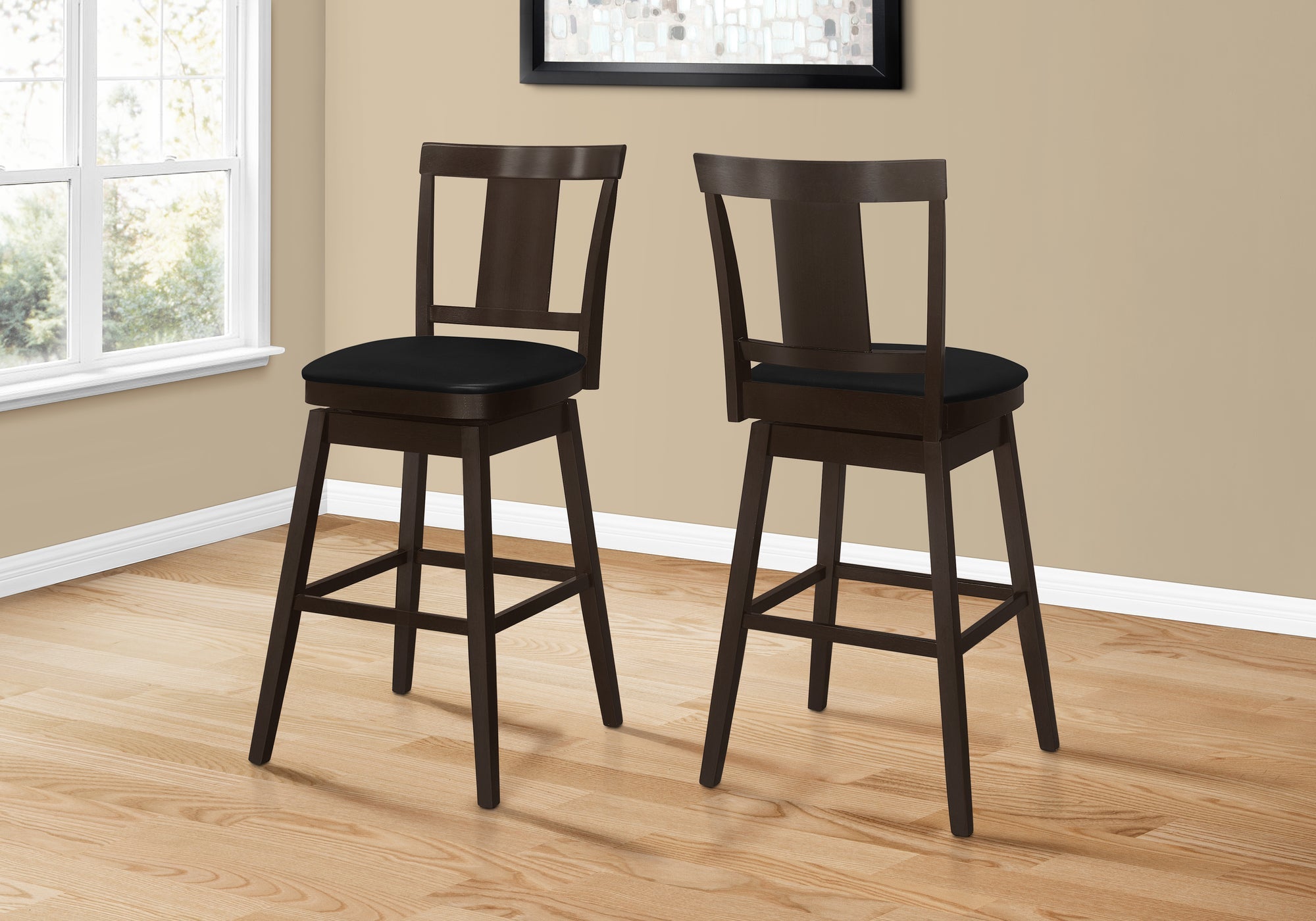 Monarch Specialties I 1230 Tabouret De Bar, Lot De 2, Pivotant, Hauteur Bar, Bois, Pu D'aspect Cuir, Brun, Noir, Transitionnel - Simple Boutique