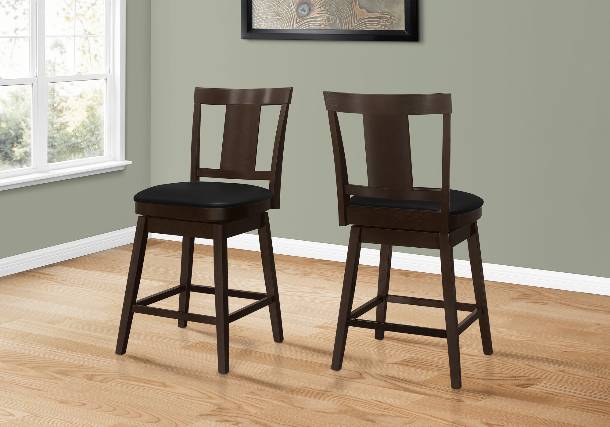 Monarch Specialties I 1231 Tabouret De Bar, Lot De 2, Pivotant, Hauteur Du Comptoir, Cuisine, Bois, Pu D'aspect Cuir, Brun, Noir, Transitionnel - Simple Boutique