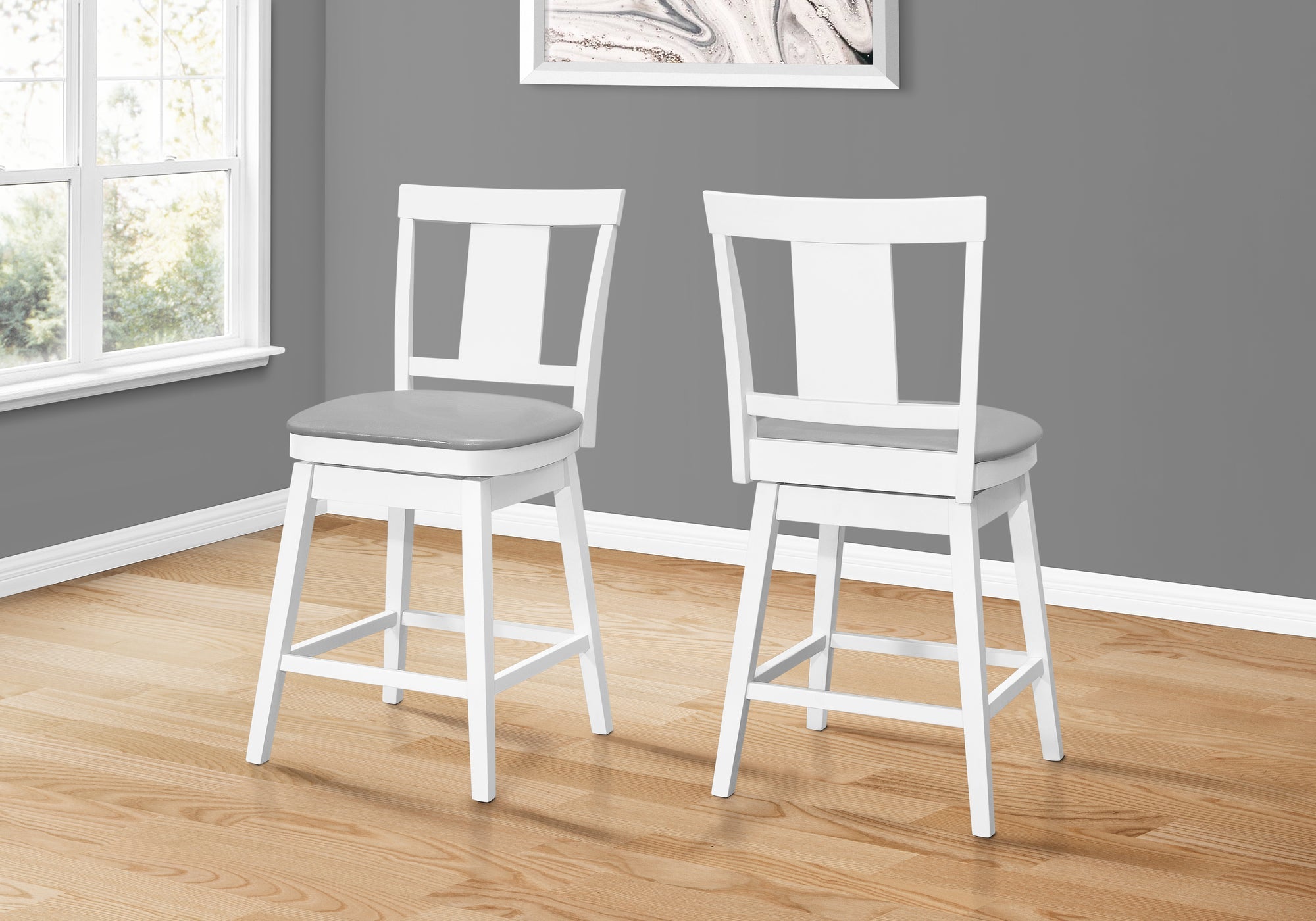 Monarch Specialties I 1233 Tabouret De Bar, Lot De 2, Pivotant, Hauteur Du Comptoir, Cuisine, Bois, Pu D'aspect Cuir, Blanc, Gris, Transitionnel - Simple Boutique