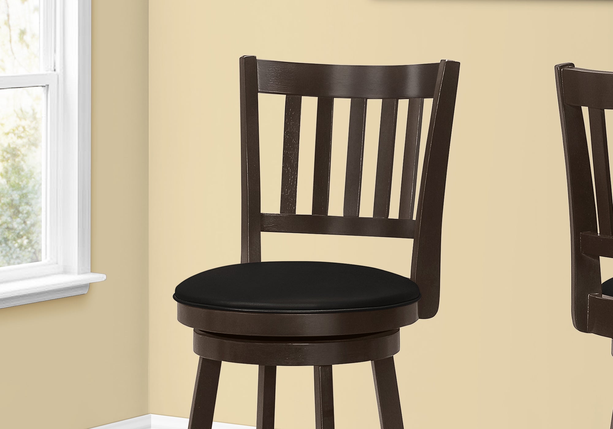 Monarch Specialties I 1236 Tabouret De Bar, Lot De 2, Pivotant, Hauteur Bar, Bois, Pu D'aspect Cuir, Brun, Noir, Transitionnel - Simple Boutique