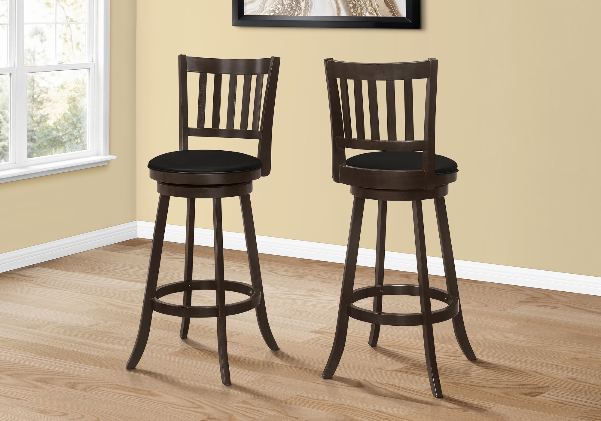 Monarch Specialties I 1236 Tabouret De Bar, Lot De 2, Pivotant, Hauteur Bar, Bois, Pu D'aspect Cuir, Brun, Noir, Transitionnel - Simple Boutique