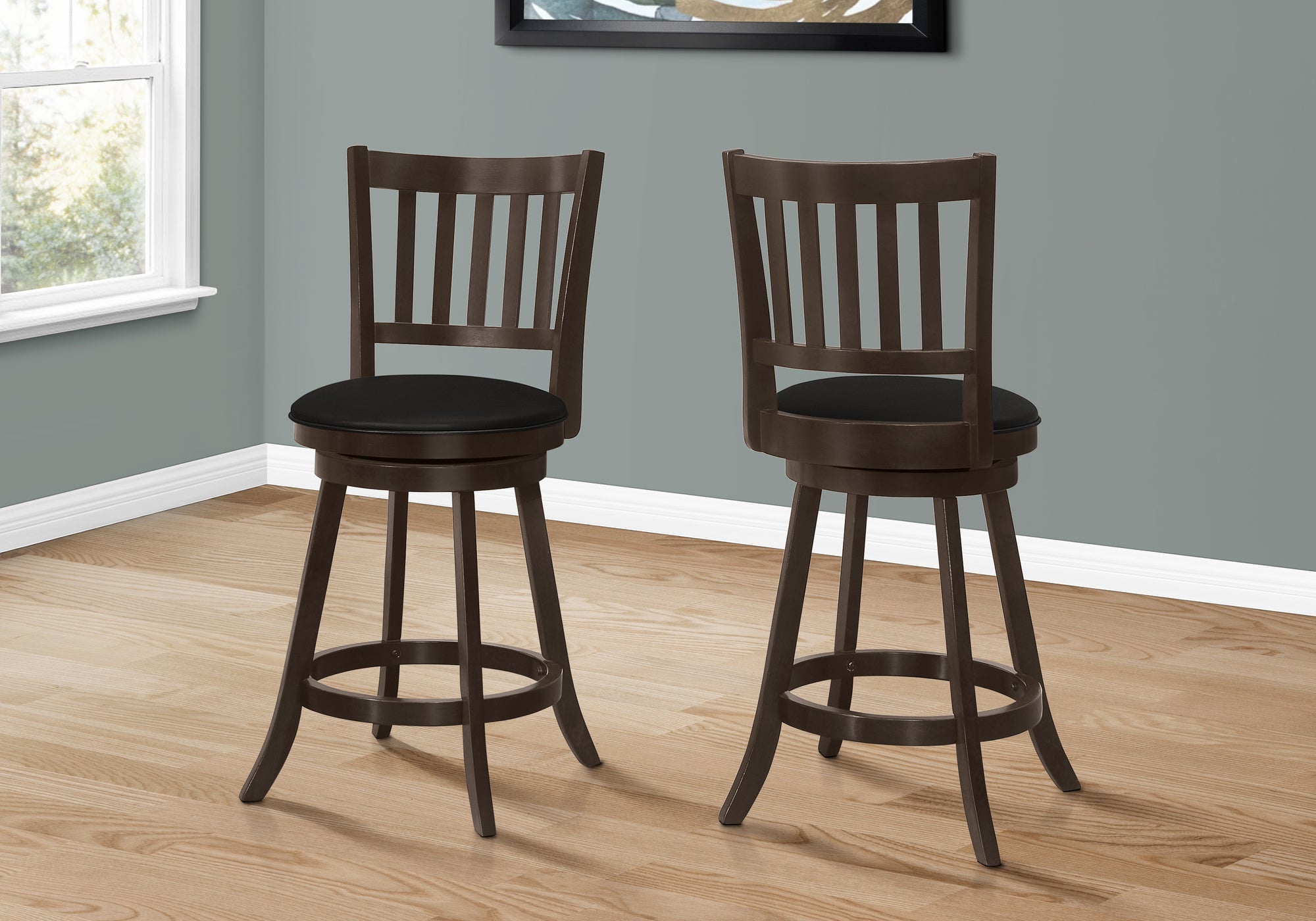 Monarch Specialties I 1237 Tabouret De Bar, Lot De 2, Pivotant, Hauteur Du Comptoir, Cuisine, Bois, Pu D'aspect Cuir, Brun, Noir, Transitionnel - Simple Boutique