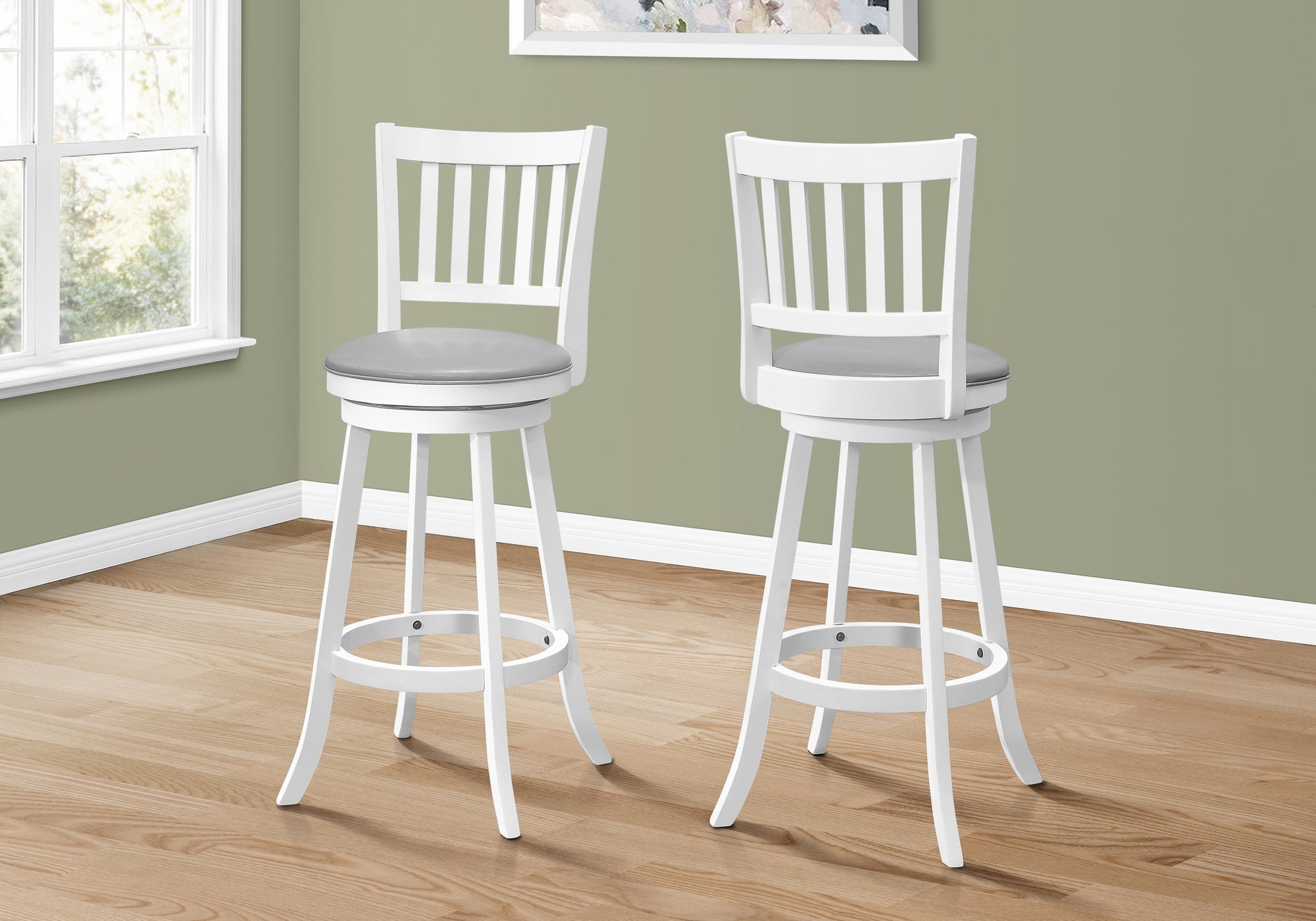 Monarch Specialties I 1238 Tabouret De Bar, Lot De 2, Pivotant, Hauteur Bar, Bois, Pu D'aspect Cuir, Blanc, Gris, Transitionnel - Simple Boutique