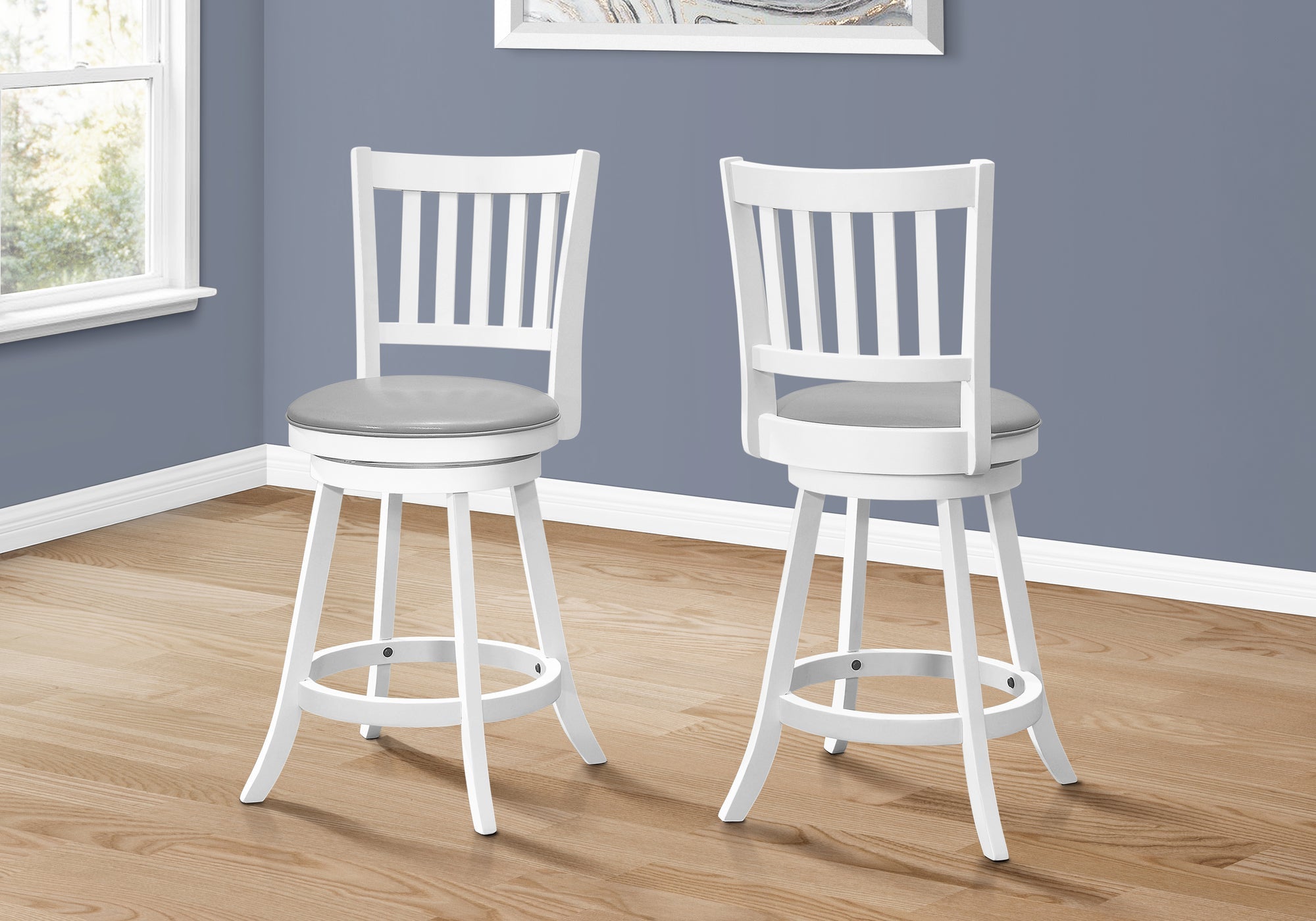Monarch Specialties I 1239 Tabouret De Bar, Lot De 2, Pivotant, Hauteur Du Comptoir, Cuisine, Bois, Pu D'aspect Cuir, Blanc, Gris, Transitionnel - Simple Boutique
