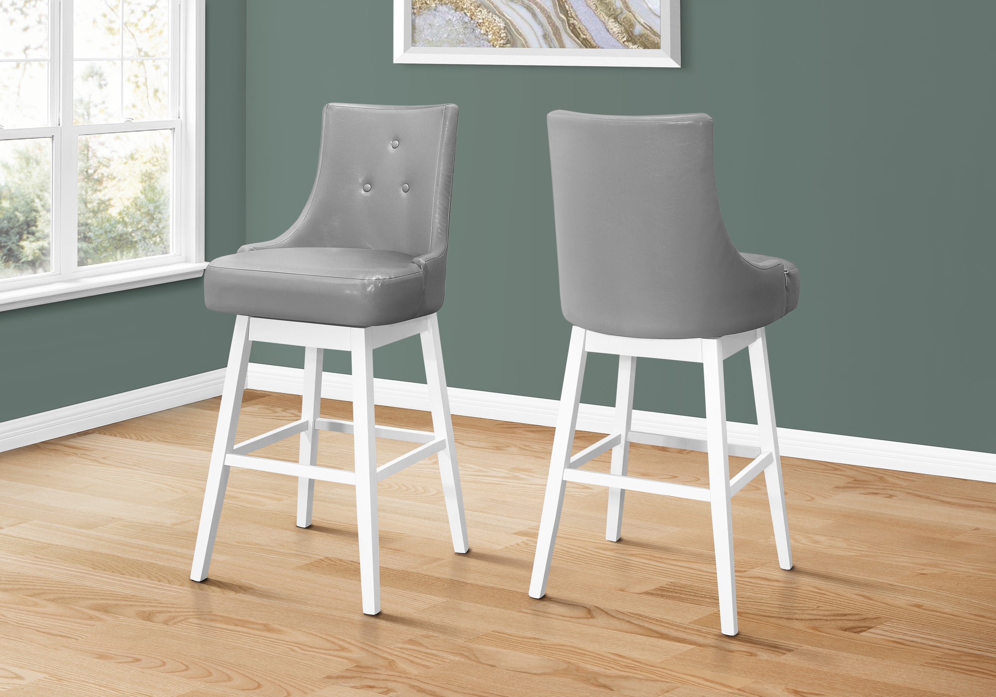 Monarch Specialties I 1243 Tabouret De Bar, Lot De 2, Pivotant, Hauteur Bar, Bois, Pu D'aspect Cuir, Gris, Blanc, Transitionnel - Simple Boutique
