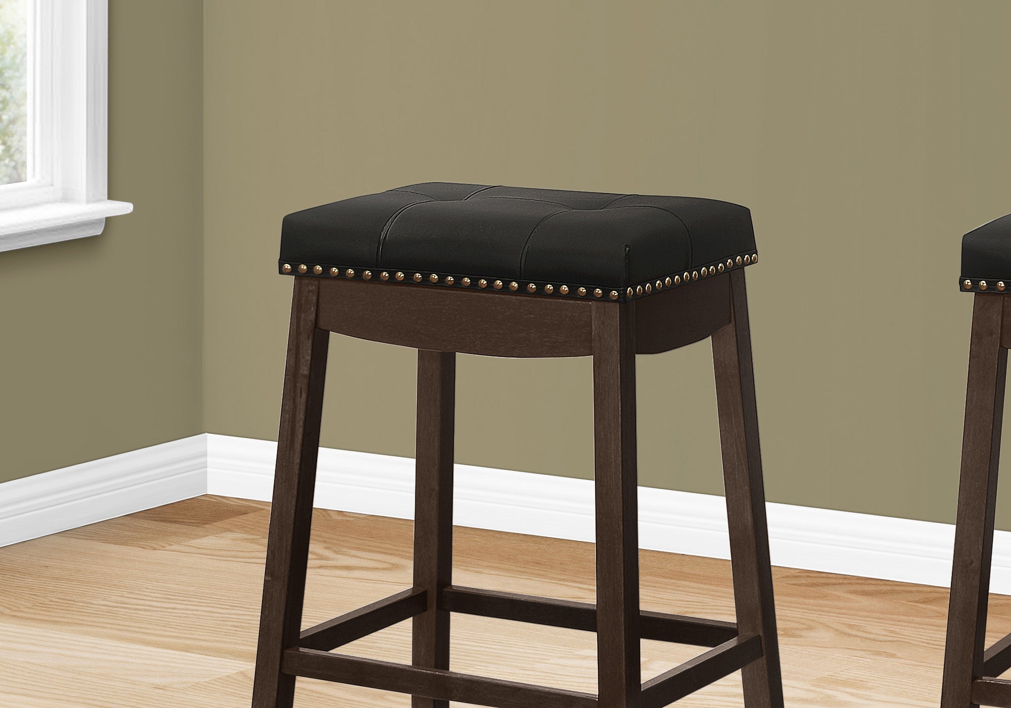Monarch Specialties I 1260 Tabouret De Bar, Lot De 2, Hauteur Bar, Siège De Selle, Bois, Pu D'aspect Cuir, Noir, Brun, Transitionnel - Simple Boutique