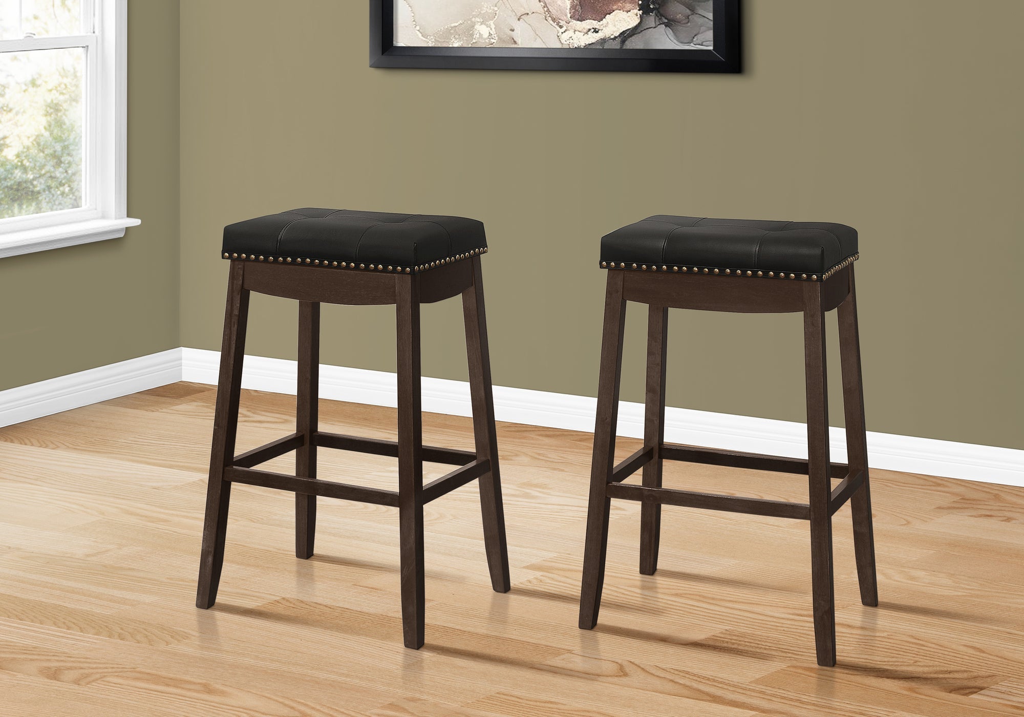 Monarch Specialties I 1260 Tabouret De Bar, Lot De 2, Hauteur Bar, Siège De Selle, Bois, Pu D'aspect Cuir, Noir, Brun, Transitionnel - Simple Boutique