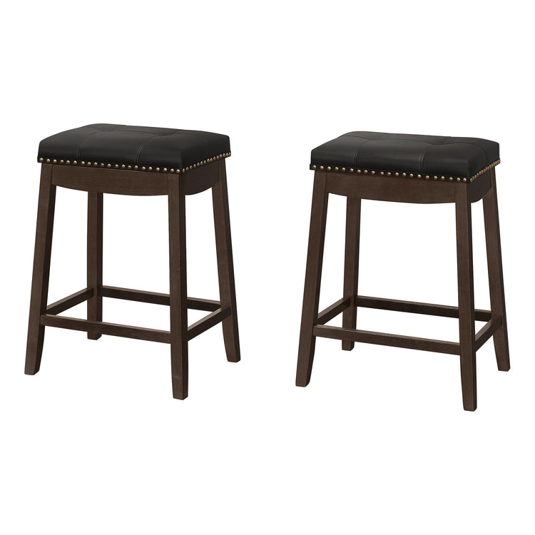 Monarch Specialties I 1261 Tabouret De Bar, Lot De 2, Hauteur Du Comptoir, Siège De Selle, Cuisine, Bois, Pu D'aspect Cuir, Noir, Brun, Transitionnel - Simple Boutique
