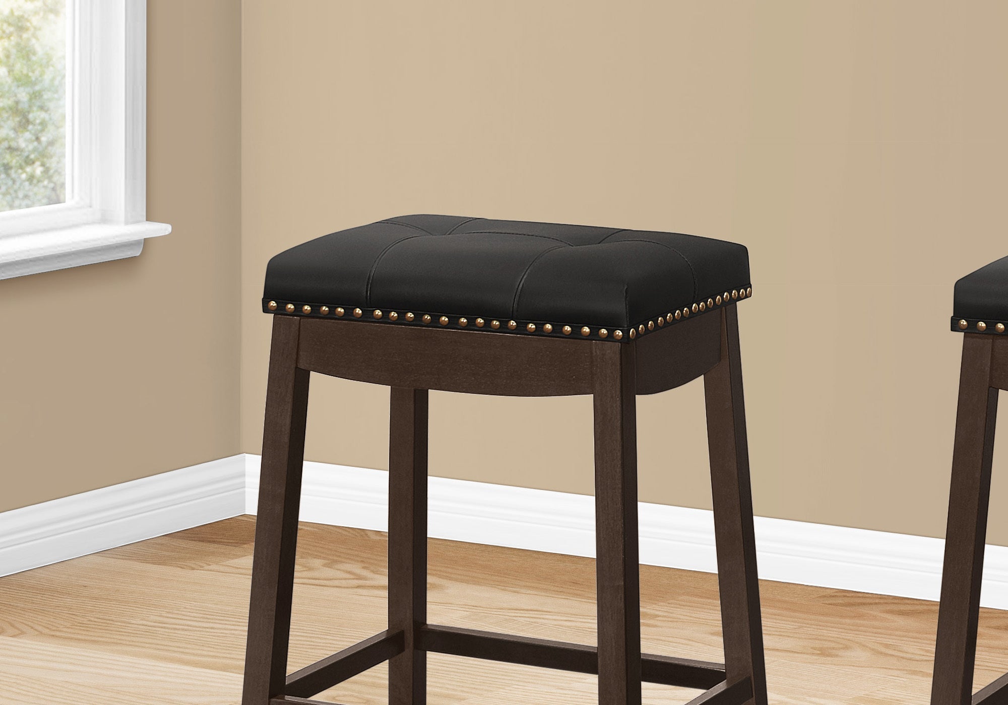 Monarch Specialties I 1261 Tabouret De Bar, Lot De 2, Hauteur Du Comptoir, Siège De Selle, Cuisine, Bois, Pu D'aspect Cuir, Noir, Brun, Transitionnel - Simple Boutique