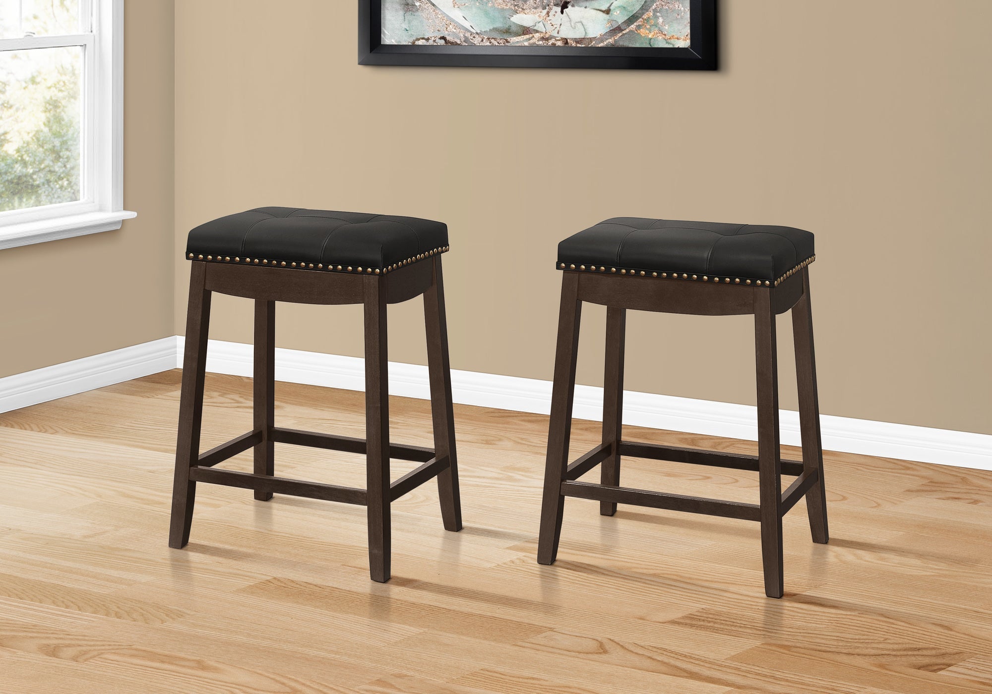 Monarch Specialties I 1261 Tabouret De Bar, Lot De 2, Hauteur Du Comptoir, Siège De Selle, Cuisine, Bois, Pu D'aspect Cuir, Noir, Brun, Transitionnel - Simple Boutique
