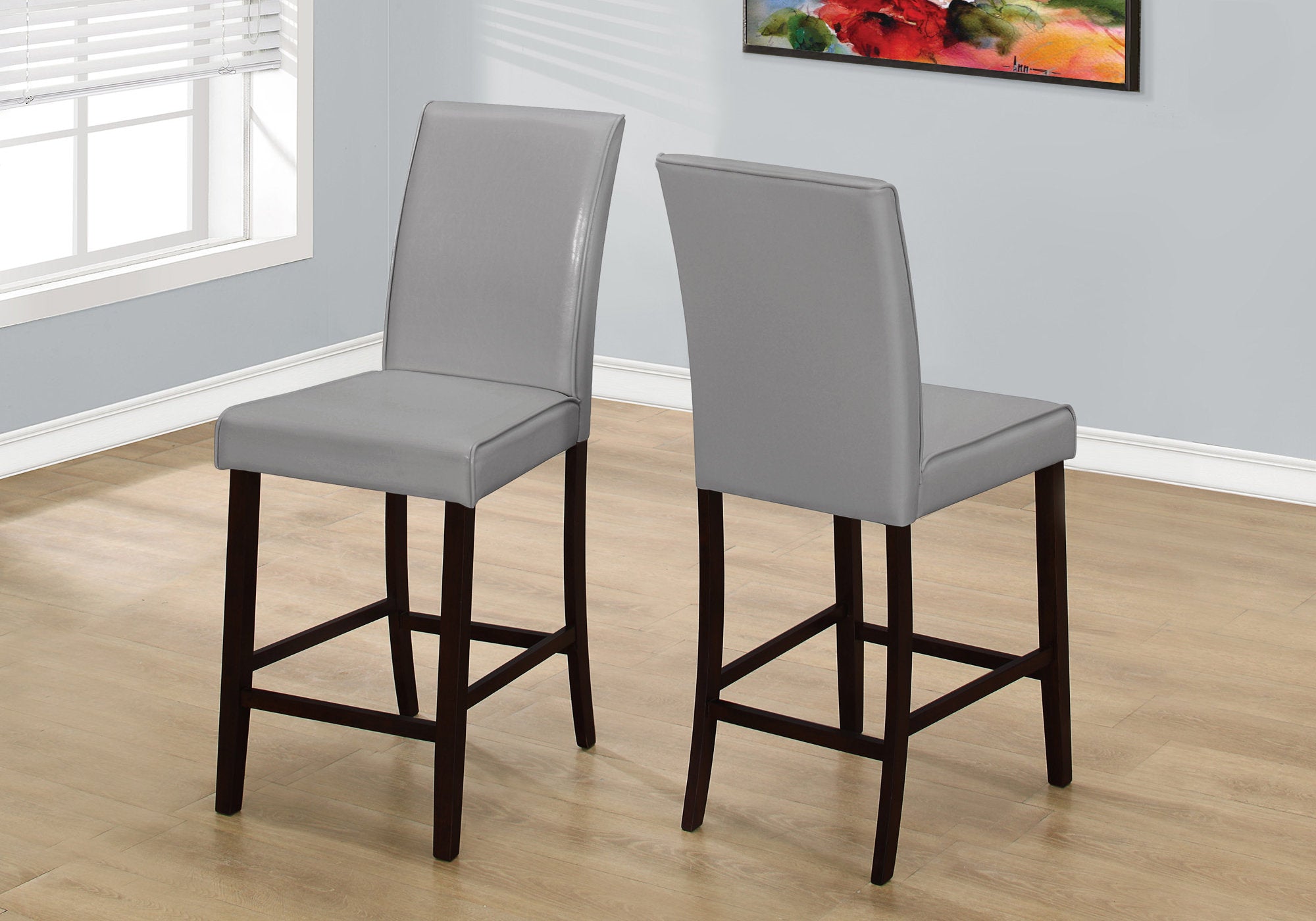 Monarch Specialties I 1902 Chaise, Lot De 2, Hauteur Du Comptoir, Rembourré, Cuisine, Salle À Manger, Pu D'aspect Cuir, Pattes En Bois, Gris, Brun, Transitionnel - Simple Boutique