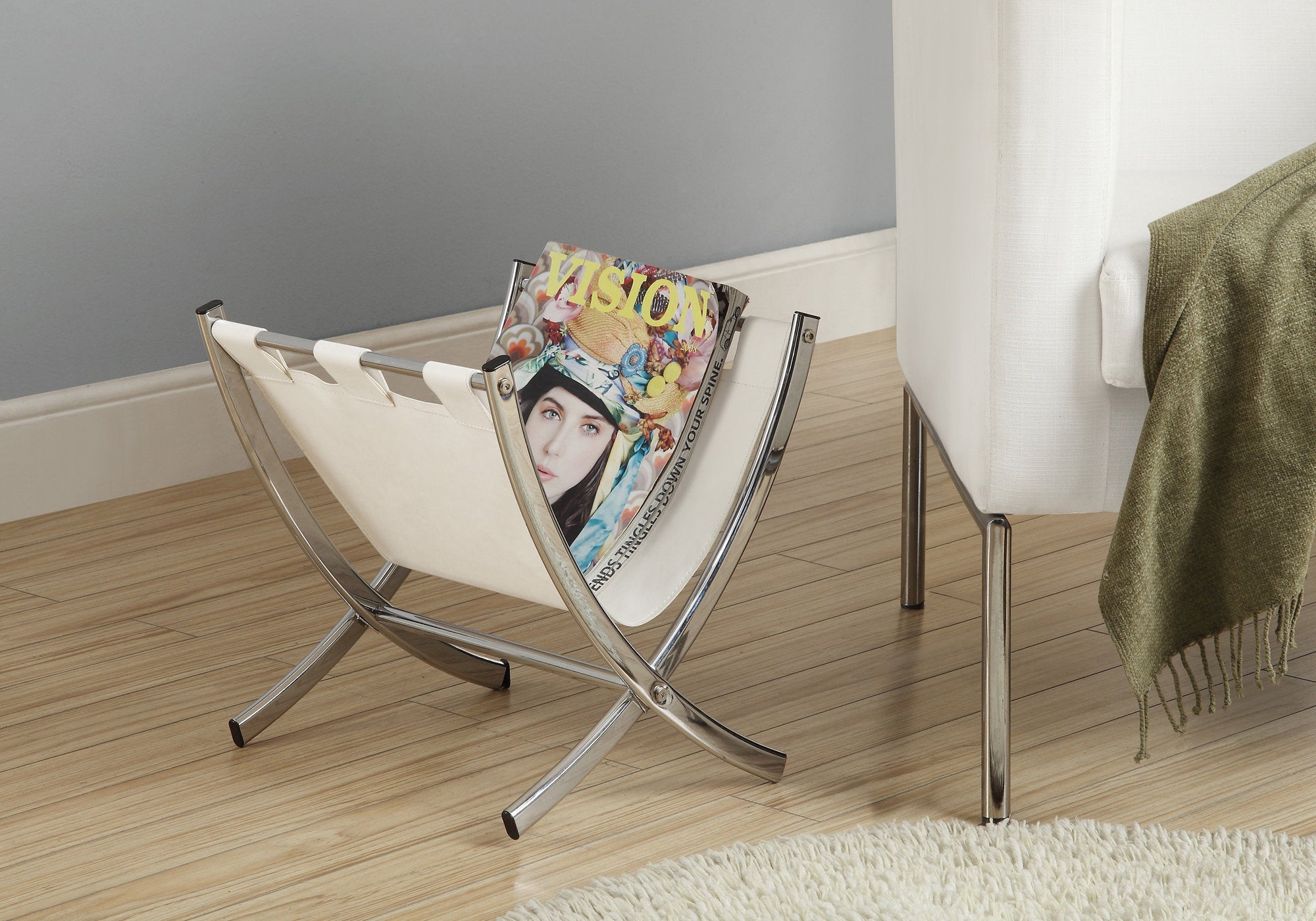 Monarch Specialties I 2036 Support Magazine, Organisateur, Titulaire, Debout, Rangement, Salle De Bains, Bureau, Chambre À Coucher, Pu D'aspect Cuir, Métal, Blanc, Chrome, Contemporain, Moderne - Simple Boutique