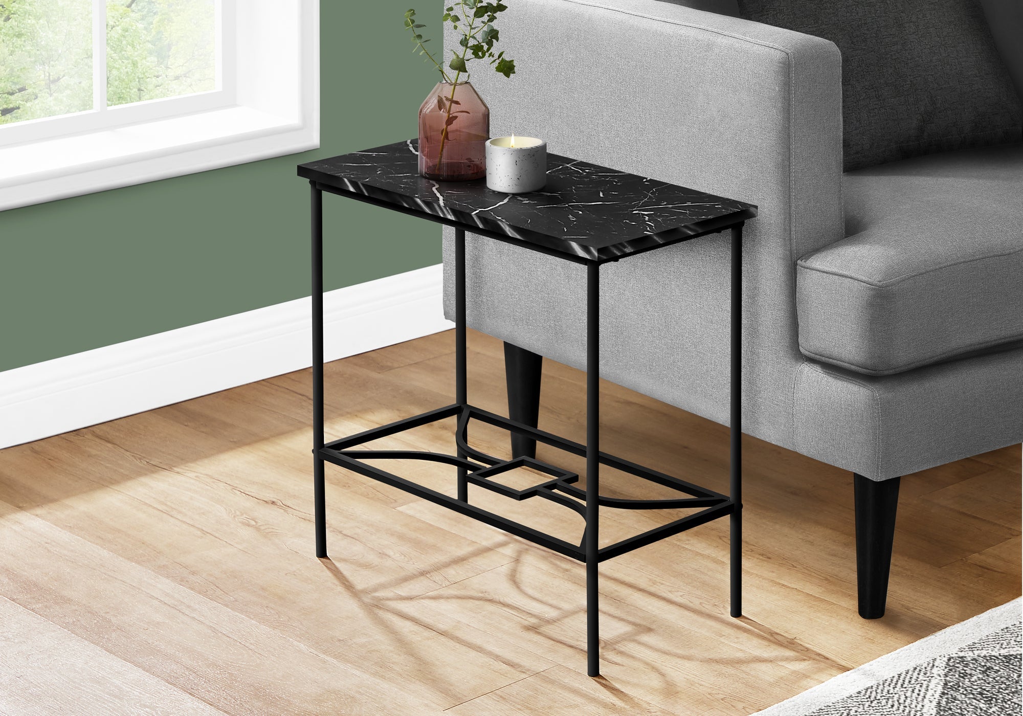 Monarch Specialties I 2074 Table D'appoint, Côté, Bout, Étroit, Petit, 2 Niveaux, Salon, Chambre À Coucher, Métal, Stratifié, D'aspect Marbre Noir, Contemporain, Moderne - Simple Boutique
