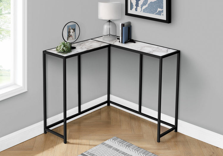 Monarch Specialties I 2159 Table D'appoint, Console, Entrée, Étroit, Coin, Salon, Chambre À Coucher, Métal, Stratifié, Aspect Marbre Blanc, Noir, Contemporain, Moderne - Simple Boutique