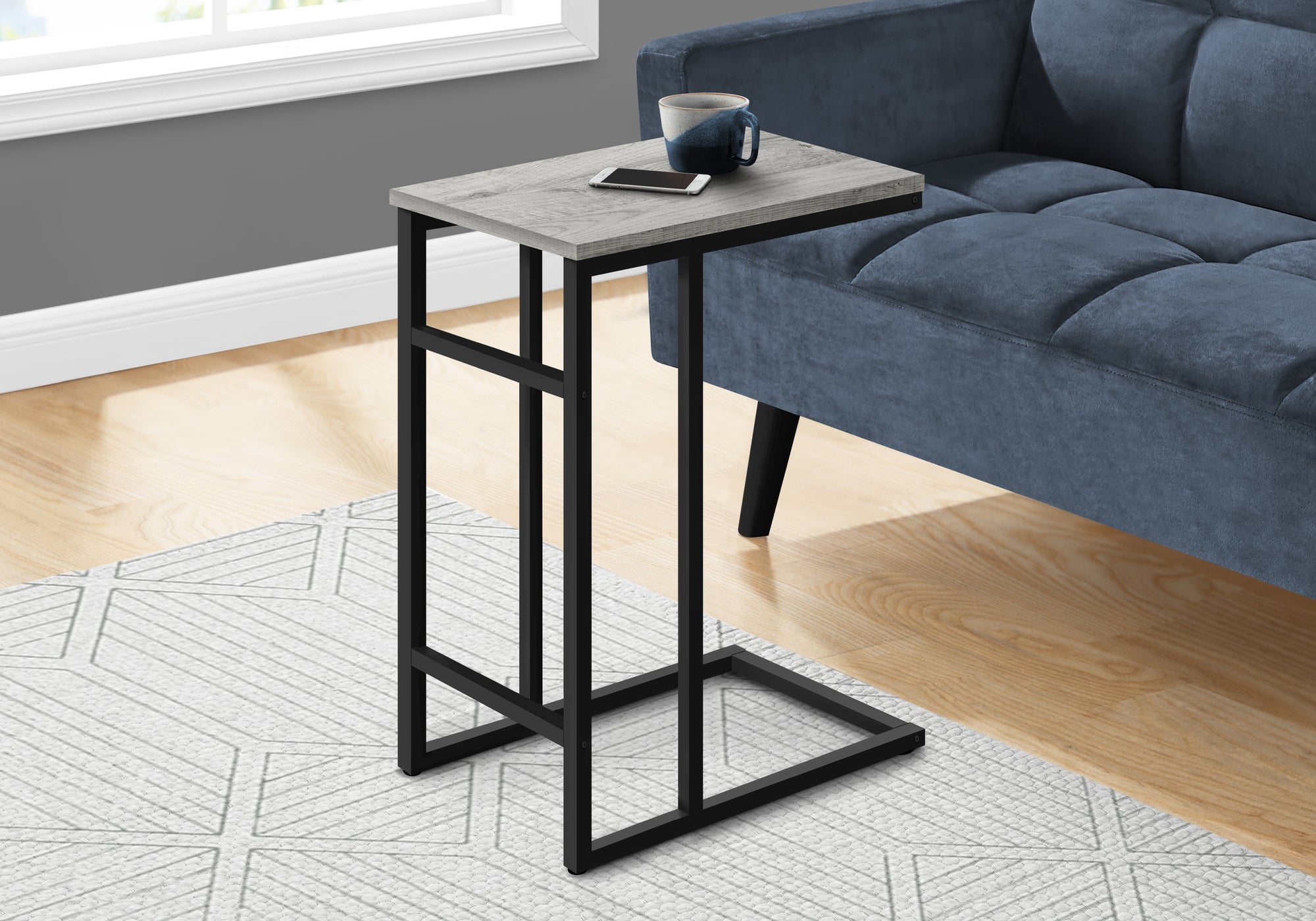 Monarch Specialties I 2171 Table D'appoint, En Forme De C, Bout, Côté, Collation, Salon, Chambre À Coucher, Métal, Stratifié, Gris, Noir, Contemporain, Moderne - Simple Boutique