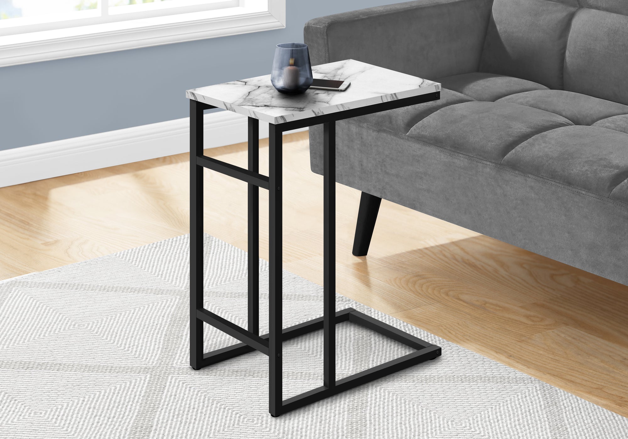 Monarch Specialties I 2173 Table D'appoint, En Forme De C, Bout, Côté, Collation, Salon, Chambre À Coucher, Métal, Stratifié, Aspect Marbre Blanc, Noir, Contemporain, Moderne - Simple Boutique