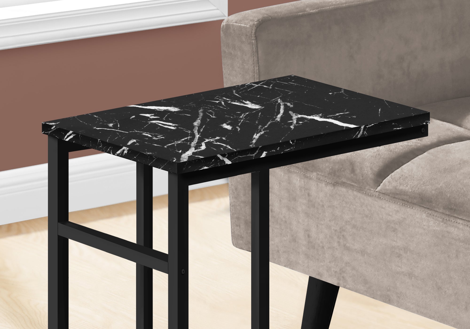 Monarch Specialties I 2174 Table D'appoint, En Forme De C, Bout, Côté, Collation, Salon, Chambre À Coucher, Métal, Stratifié, D'aspect Marbre Noir, Contemporain, Moderne - Simple Boutique