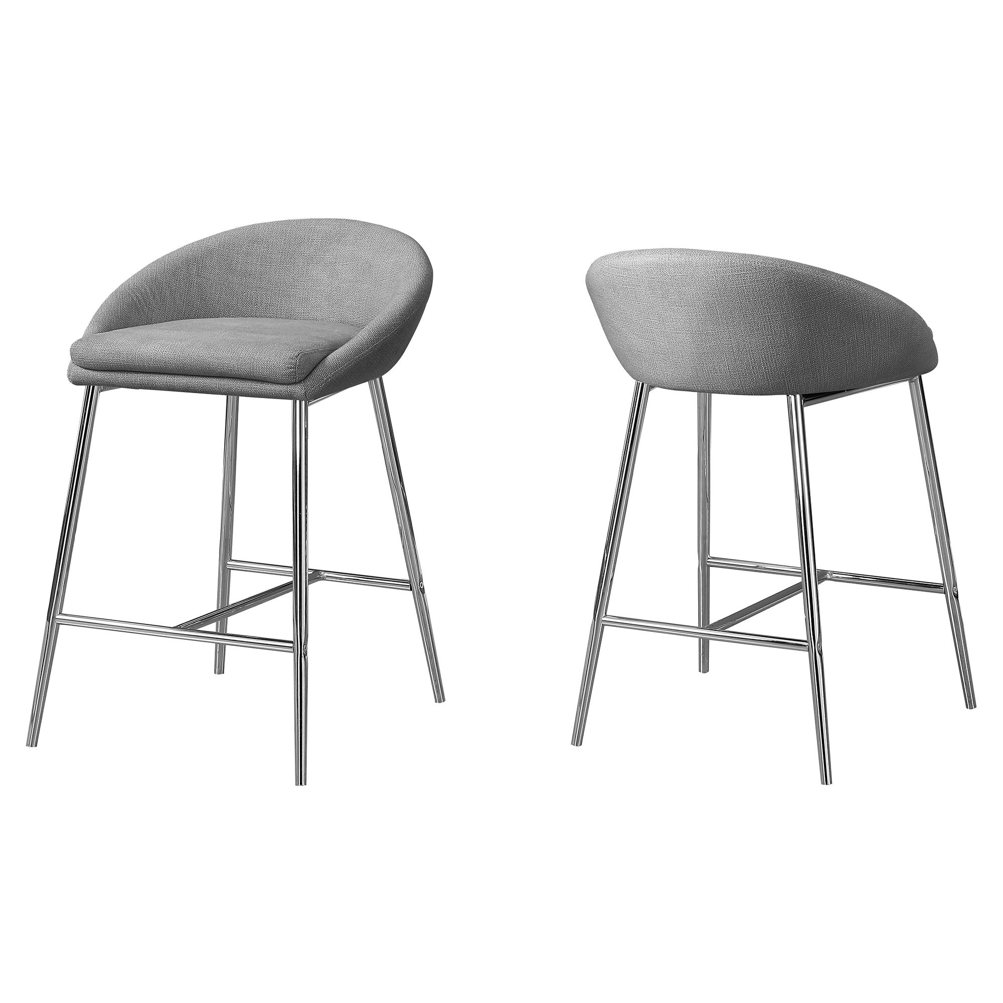 Monarch Specialties I 2298 Tabouret De Bar, Lot De 2, Hauteur Du Comptoir, Cuisine, Métal, En Tissu, Gris, Chrome, Contemporain, Moderne - Simple Boutique