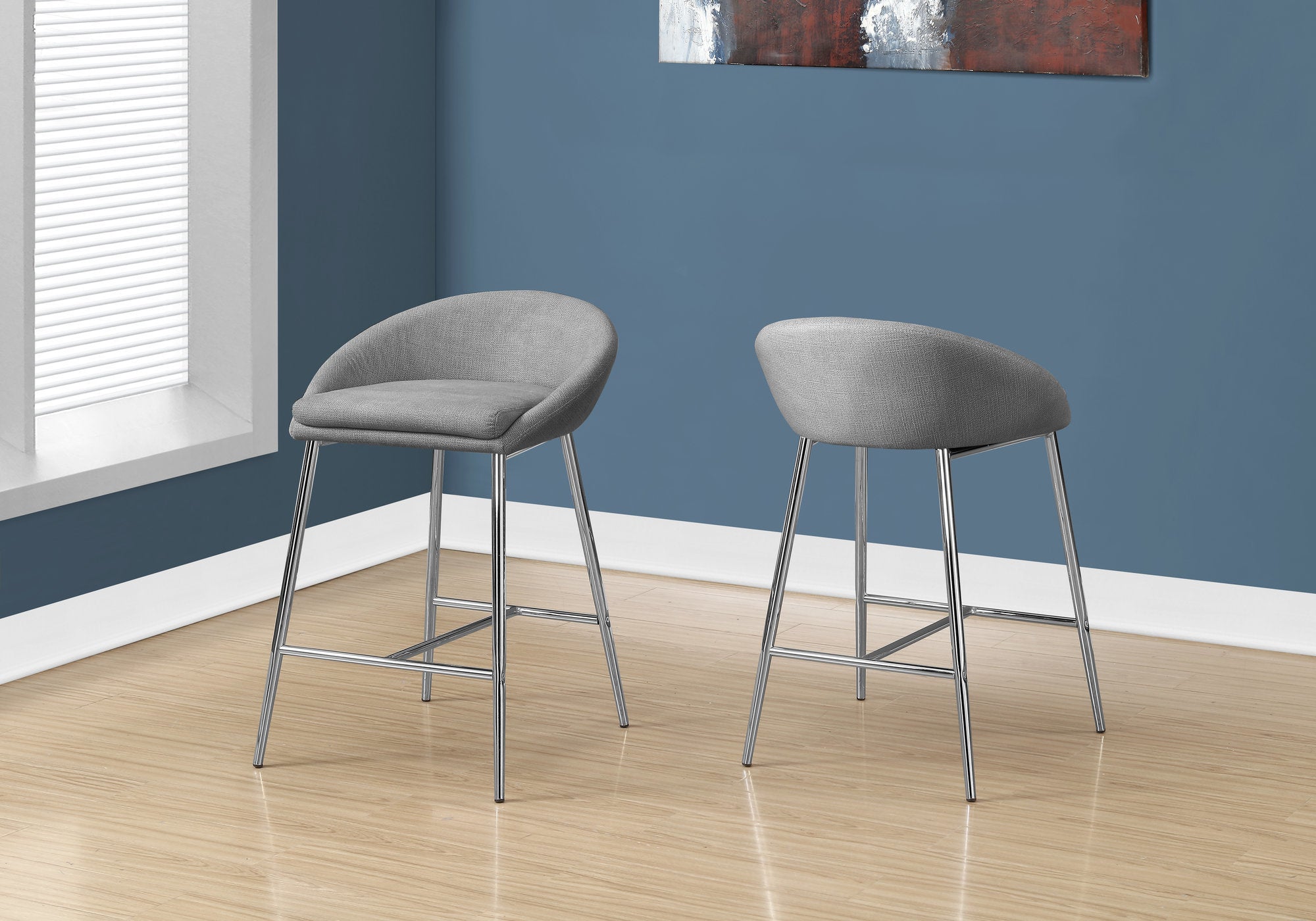 Monarch Specialties I 2298 Tabouret De Bar, Lot De 2, Hauteur Du Comptoir, Cuisine, Métal, En Tissu, Gris, Chrome, Contemporain, Moderne - Simple Boutique