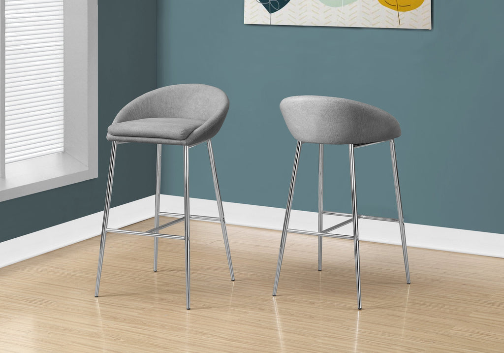 Monarch Specialties I 2299 Tabouret De Bar, Lot De 2, Hauteur Bar, Métal, En Tissu, Gris, Chrome, Contemporain, Moderne