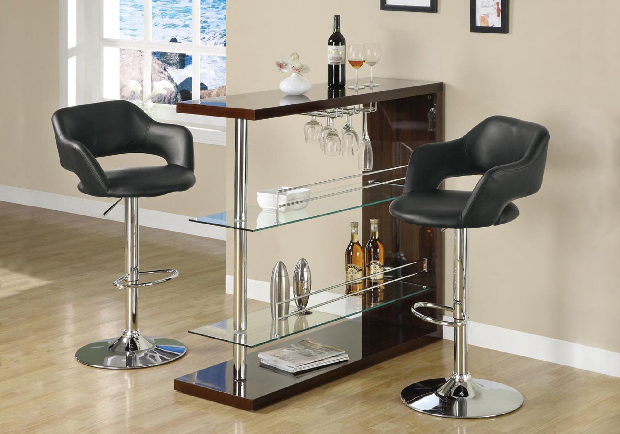 Monarch Specialties I 2357 Tabouret De Bar, Pivotant, Hauteur Bar, Ajustable, Métal, Pu D'aspect Cuir, Noir, Chrome, Contemporain, Moderne - Simple Boutique