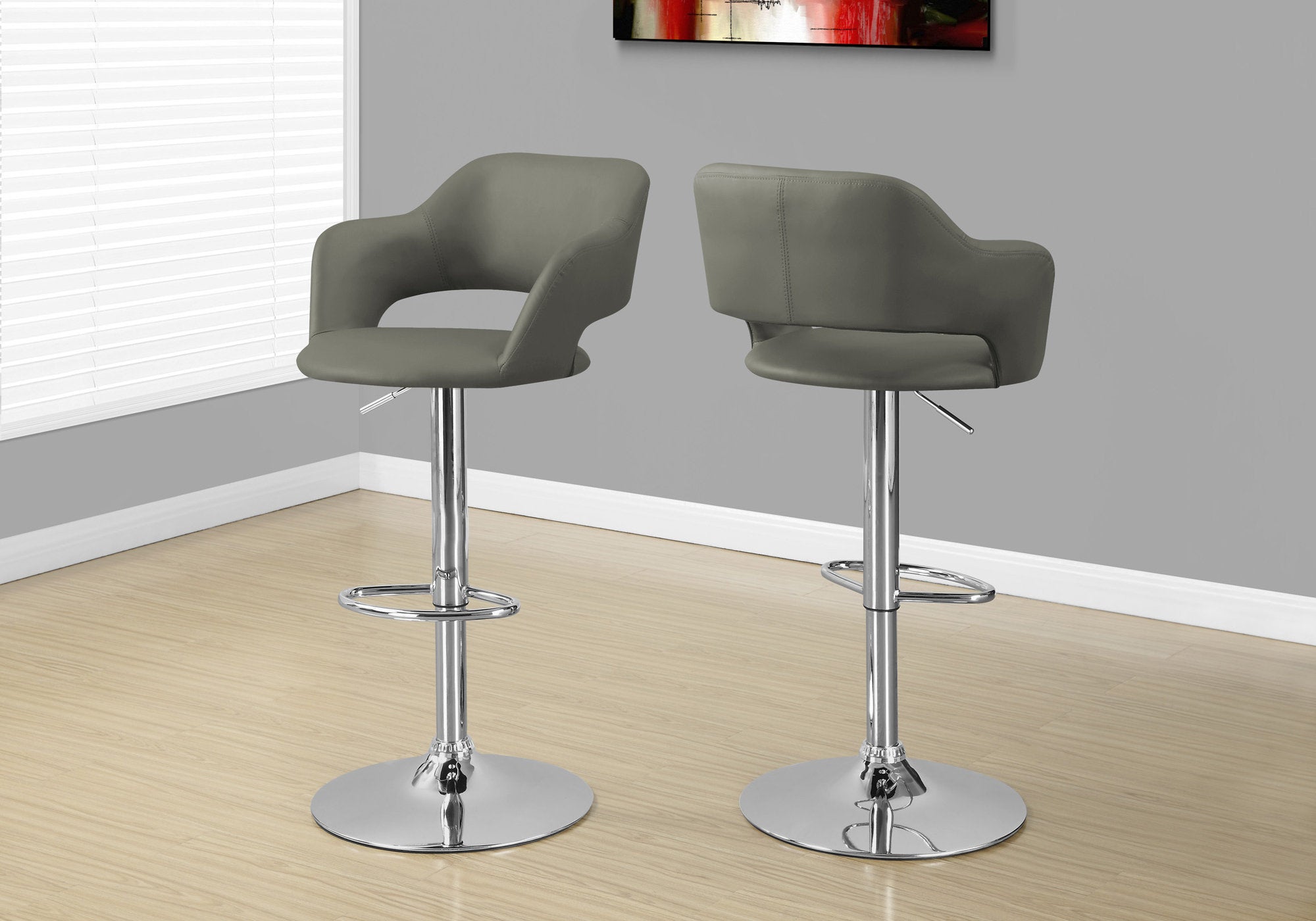 Monarch Specialties I 2364 Tabouret De Bar, Pivotant, Hauteur Bar, Ajustable, Métal, Pu D'aspect Cuir, Gris, Chrome, Contemporain, Moderne - Simple Boutique