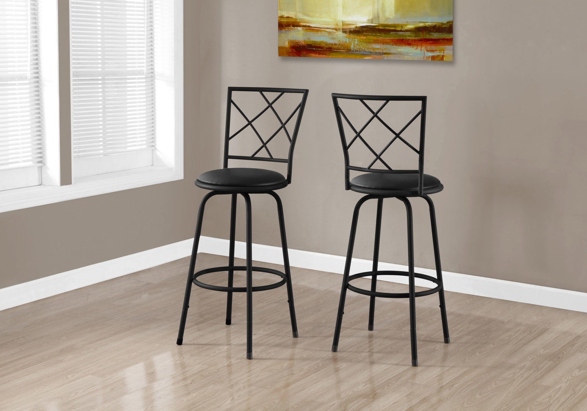 Monarch Specialties I 2375 Tabouret De Bar, Lot De 2, Pivotant, Hauteur Bar, Métal, Pu D'aspect Cuir, Noir, Contemporain, Moderne - Simple Boutique