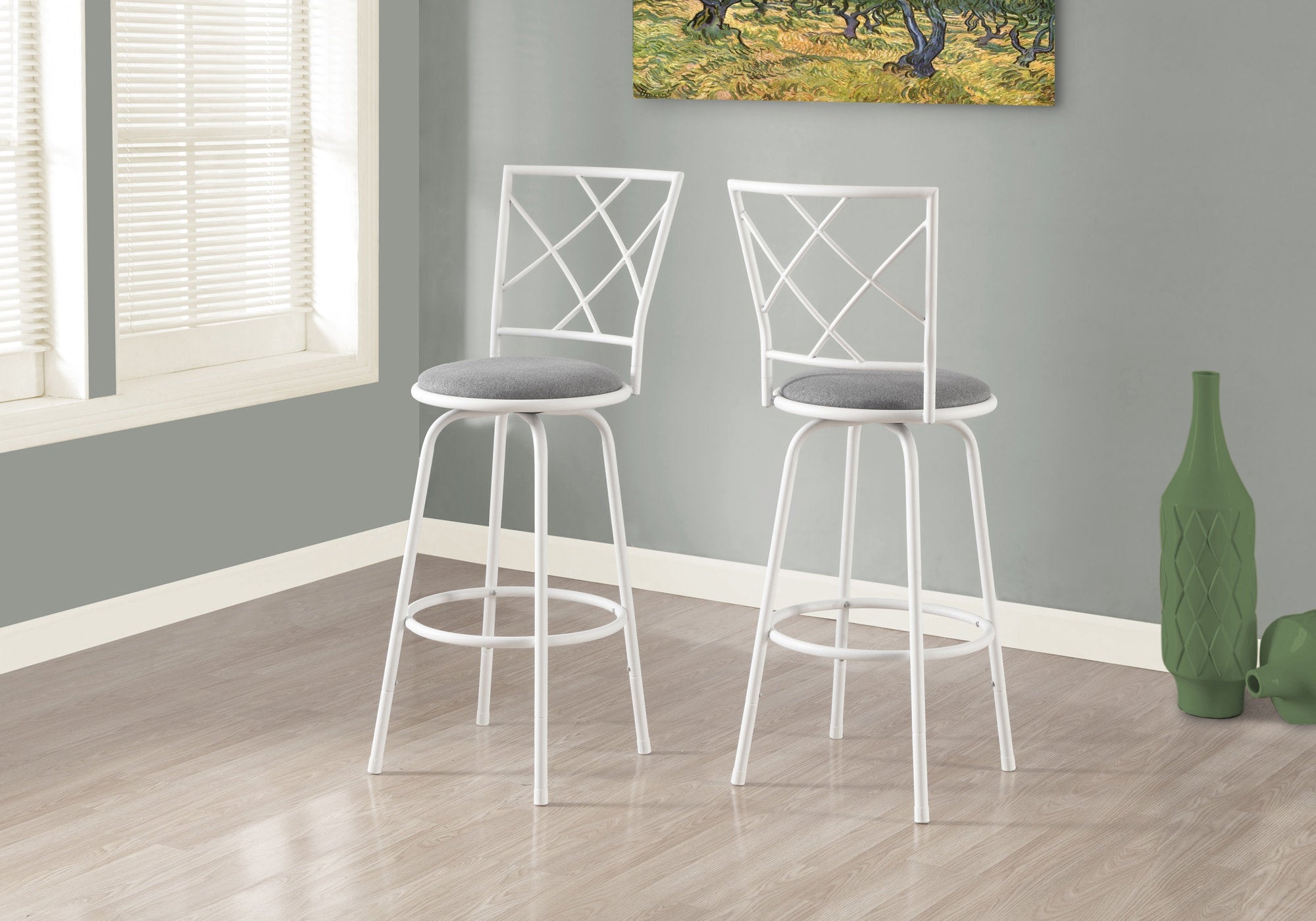 Monarch Specialties I 2377 Tabouret De Bar, Lot De 2, Pivotant, Hauteur Bar, Métal, En Tissu, Blanc, Gris, Contemporain, Moderne - Simple Boutique