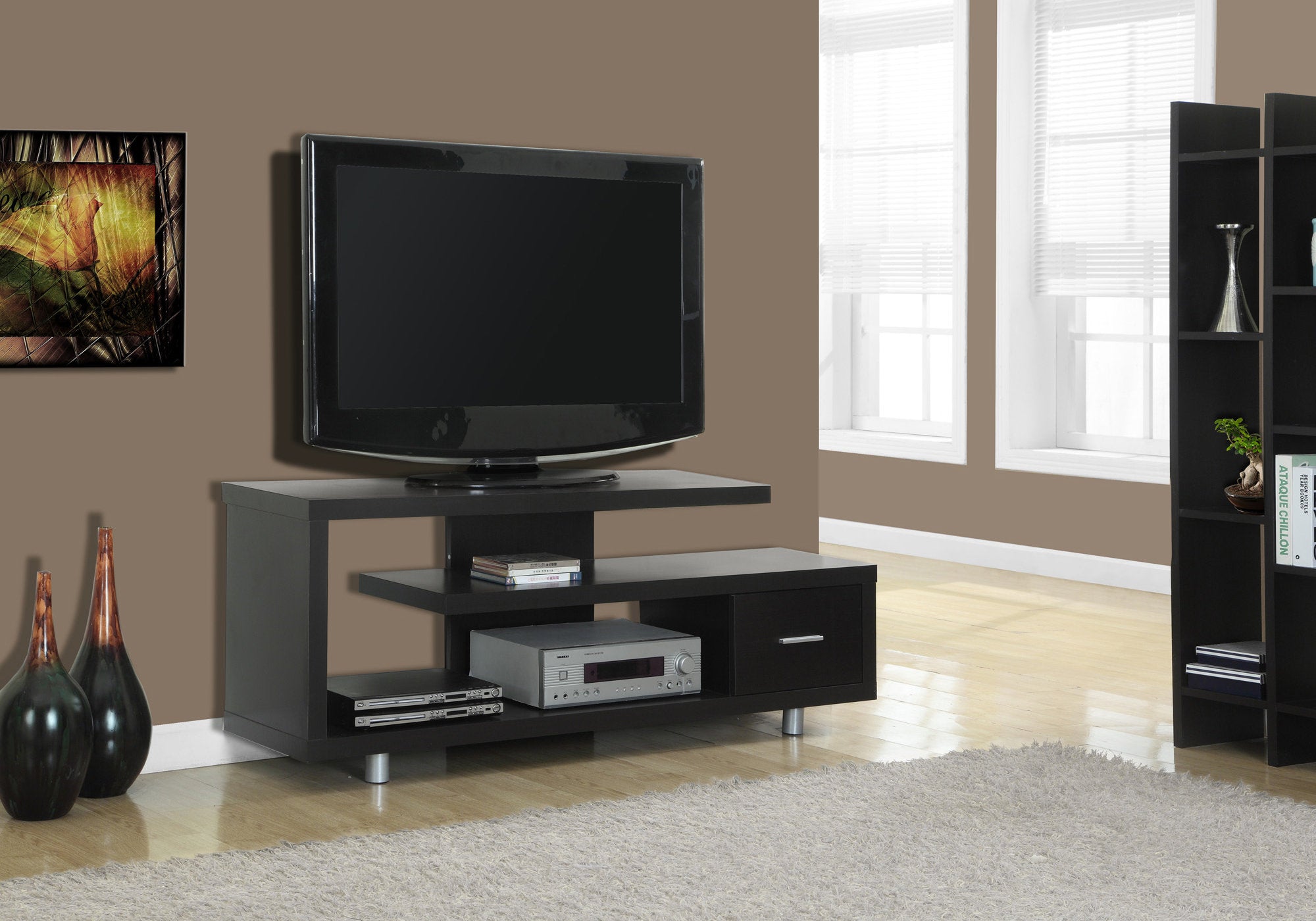 Monarch Specialties I 2572 Meuble Tv, 60 Pouces, Console, Centre De Divertissement Média, Unite De Rangement, Salon, Chambre À Coucher, Stratifié, Brun, Contemporain, Moderne - Simple Boutique