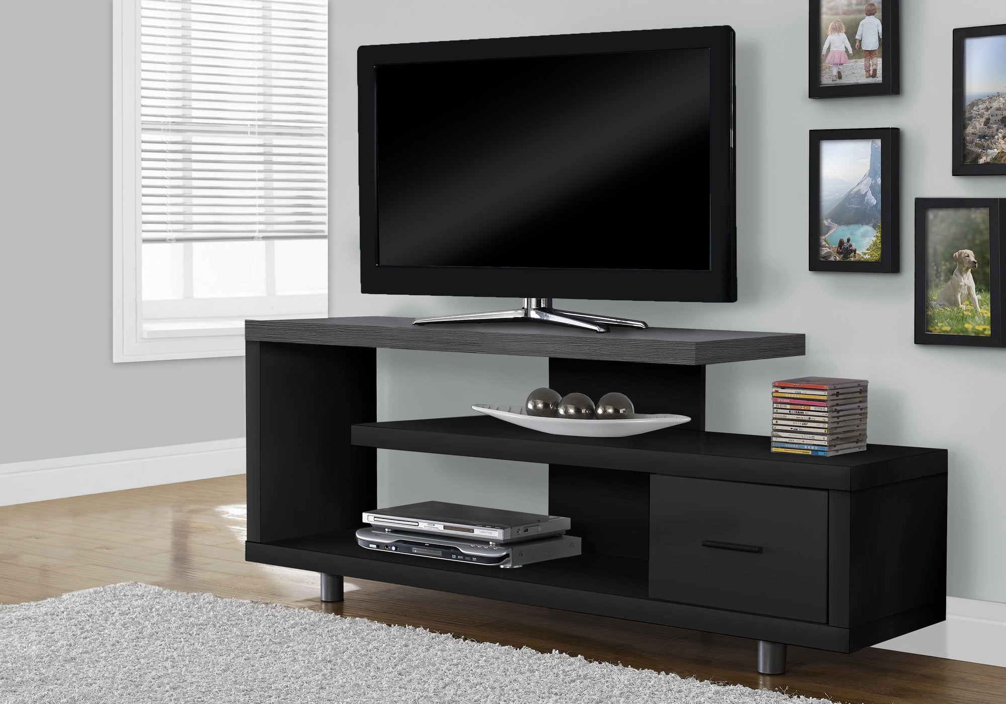 Monarch Specialties I 2575 Meuble Tv, 60 Pouces, Console, Centre De Divertissement Média, Unite De Rangement, Salon, Chambre À Coucher, Stratifié, Noir, Gris, Contemporain, Moderne - Simple Boutique