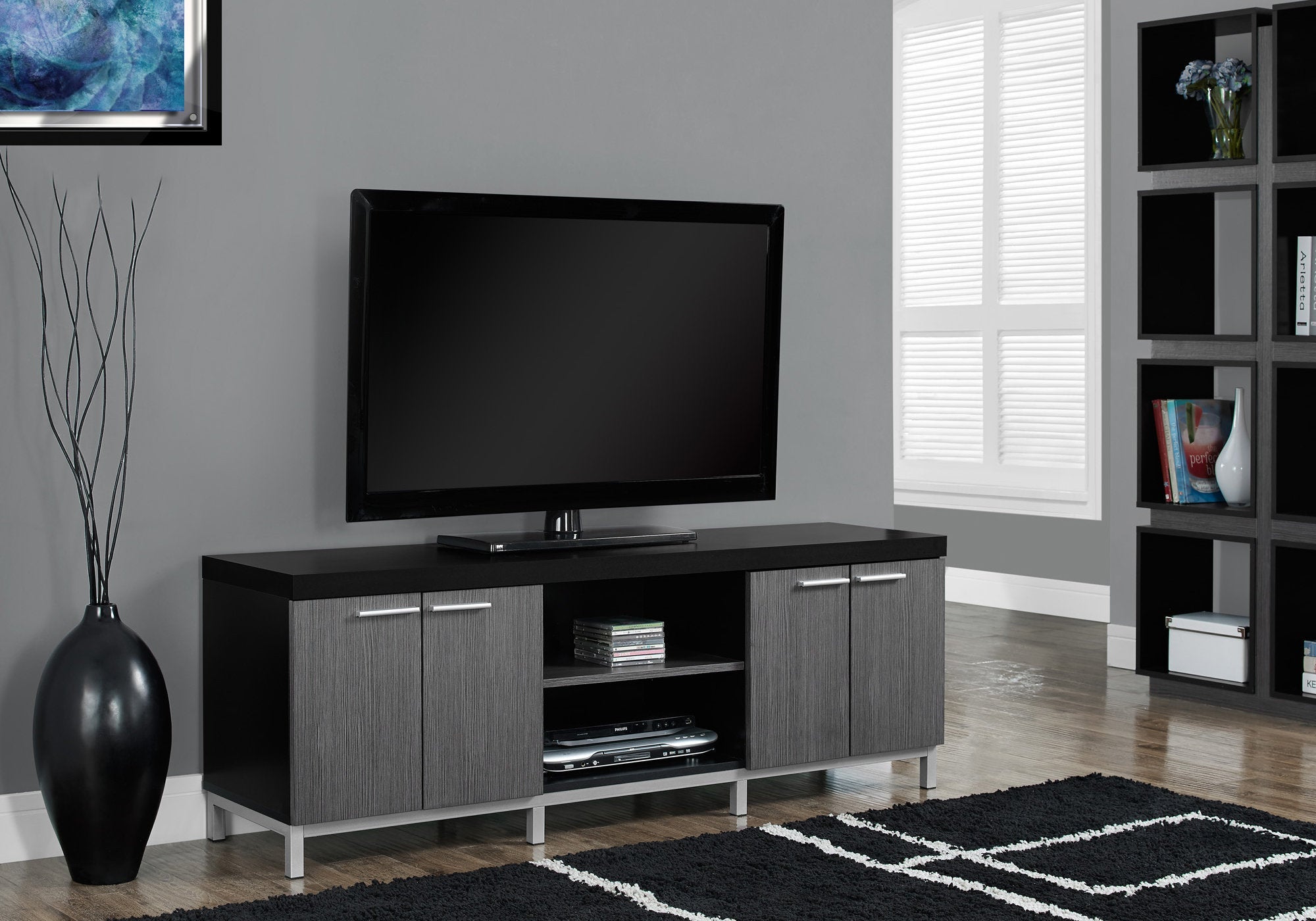Monarch Specialties I 2590 Meuble Tv, 60 Pouces, Console, Centre De Divertissement Média, Unite De Rangement, Salon, Chambre À Coucher, Stratifié, Noir, Gris, Contemporain, Moderne - Simple Boutique